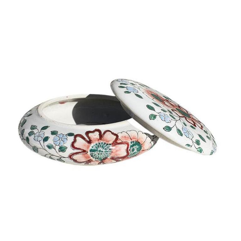 Chinese Round Chinoiserie Ceramic Floral Motif Box with Lid