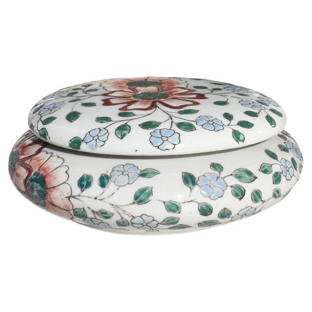 Round Chinoiserie Ceramic Floral Motif Box with Lid