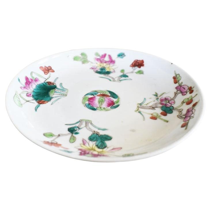 Round Chinoiserie Decorative Trinket Dish in Pink and Green Floral Motif For Sale