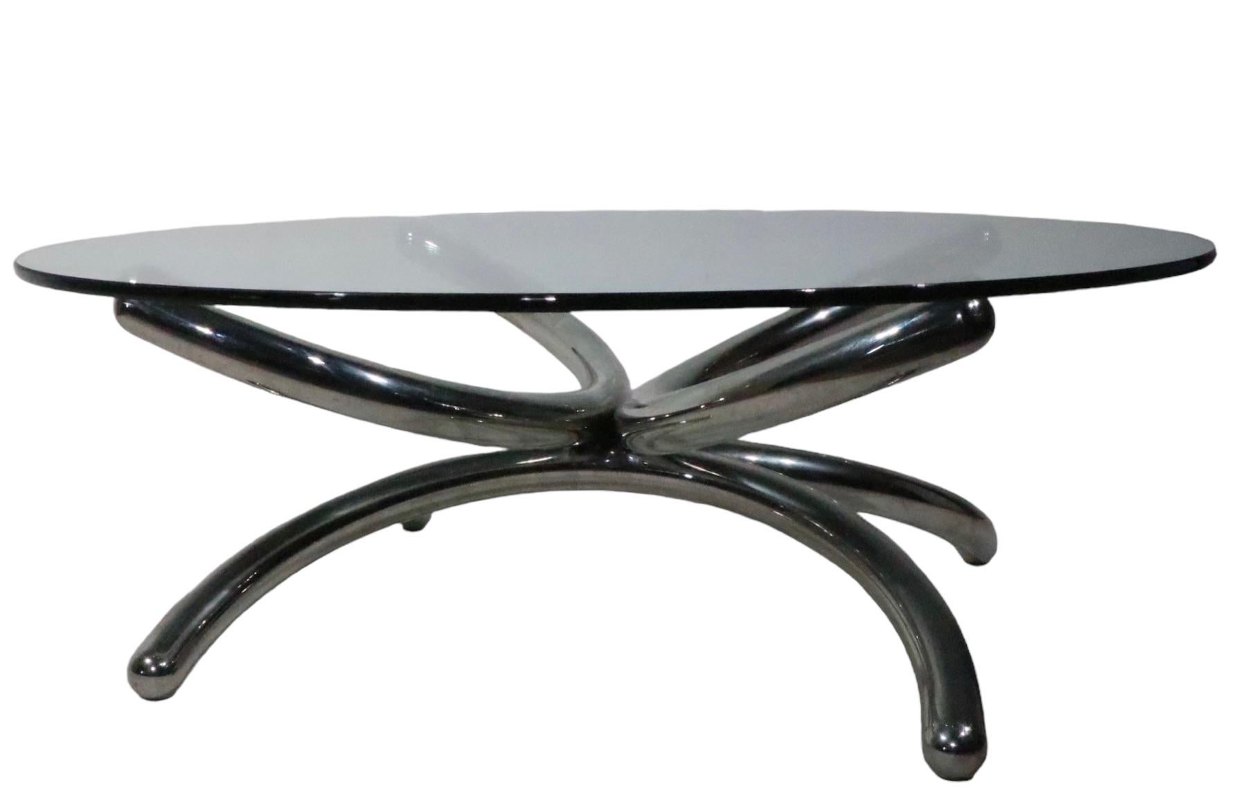 American  Round Chrome and Glass Coffee Cocktail Table c 1960/70s possibly Paul Tuttle  For Sale