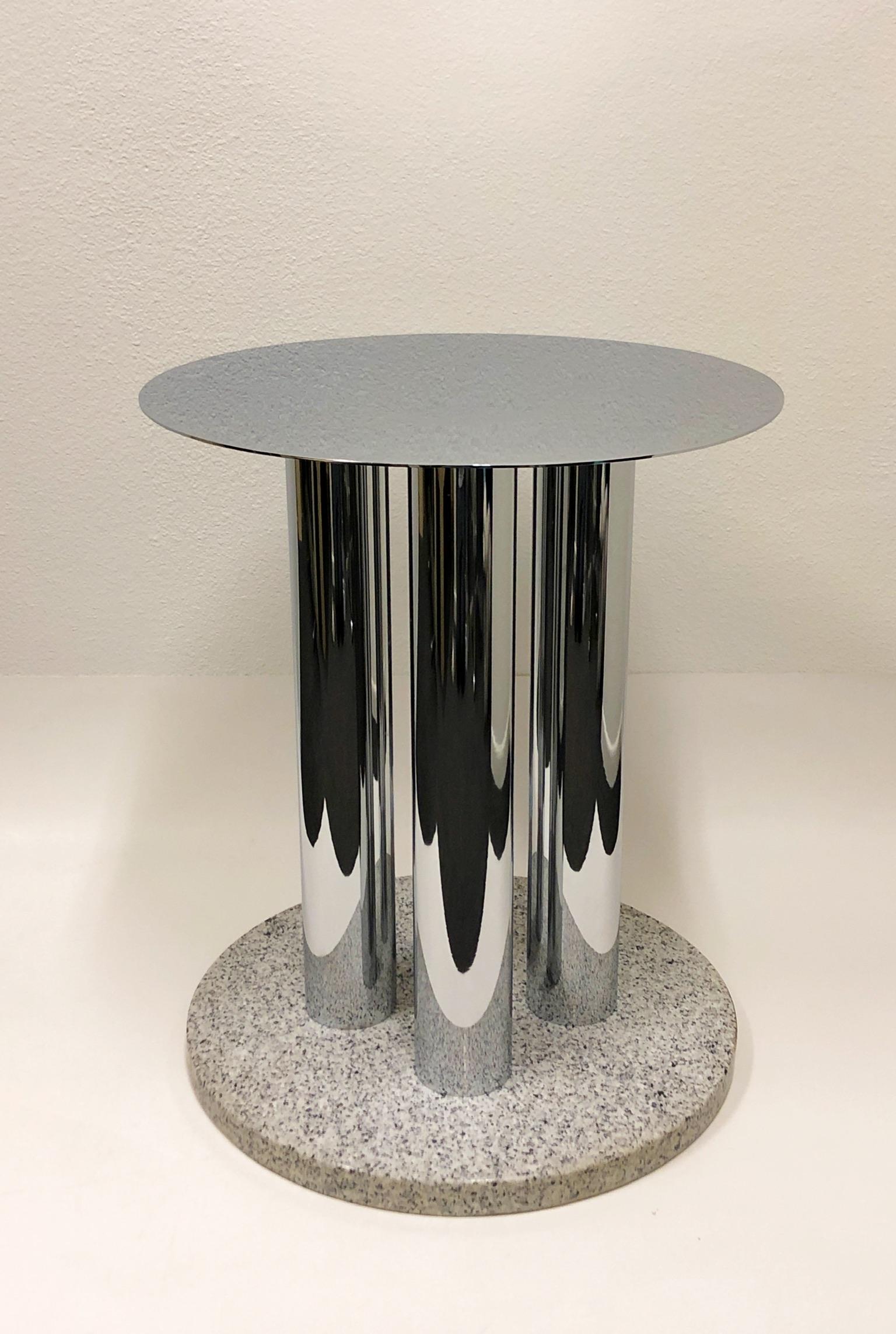 Cool 1980’s polish Chrome and white, gray and black speckled granite dining table base or pedestal by Pace Collection. 
In beautiful condition minor wear consistent with age. 
No glass. But we can order it if desired. 

Measurements: 23.75”