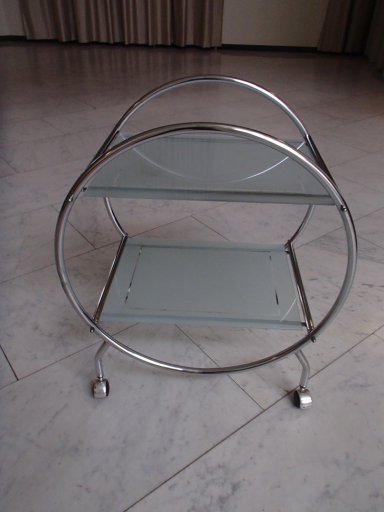 Round Chrome Art Deco Bar Cart Trolley with 2 Glass Shelves For Sale at