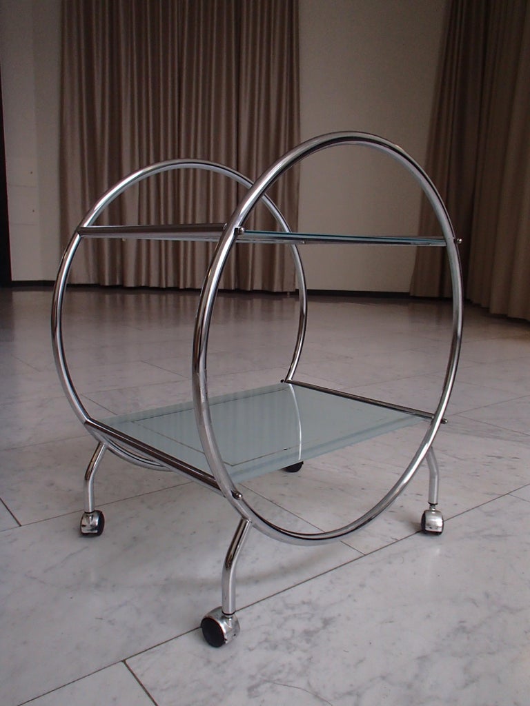 Round Chrome Art Deco Bar Cart Trolley with 2 Glass Shelves For Sale at