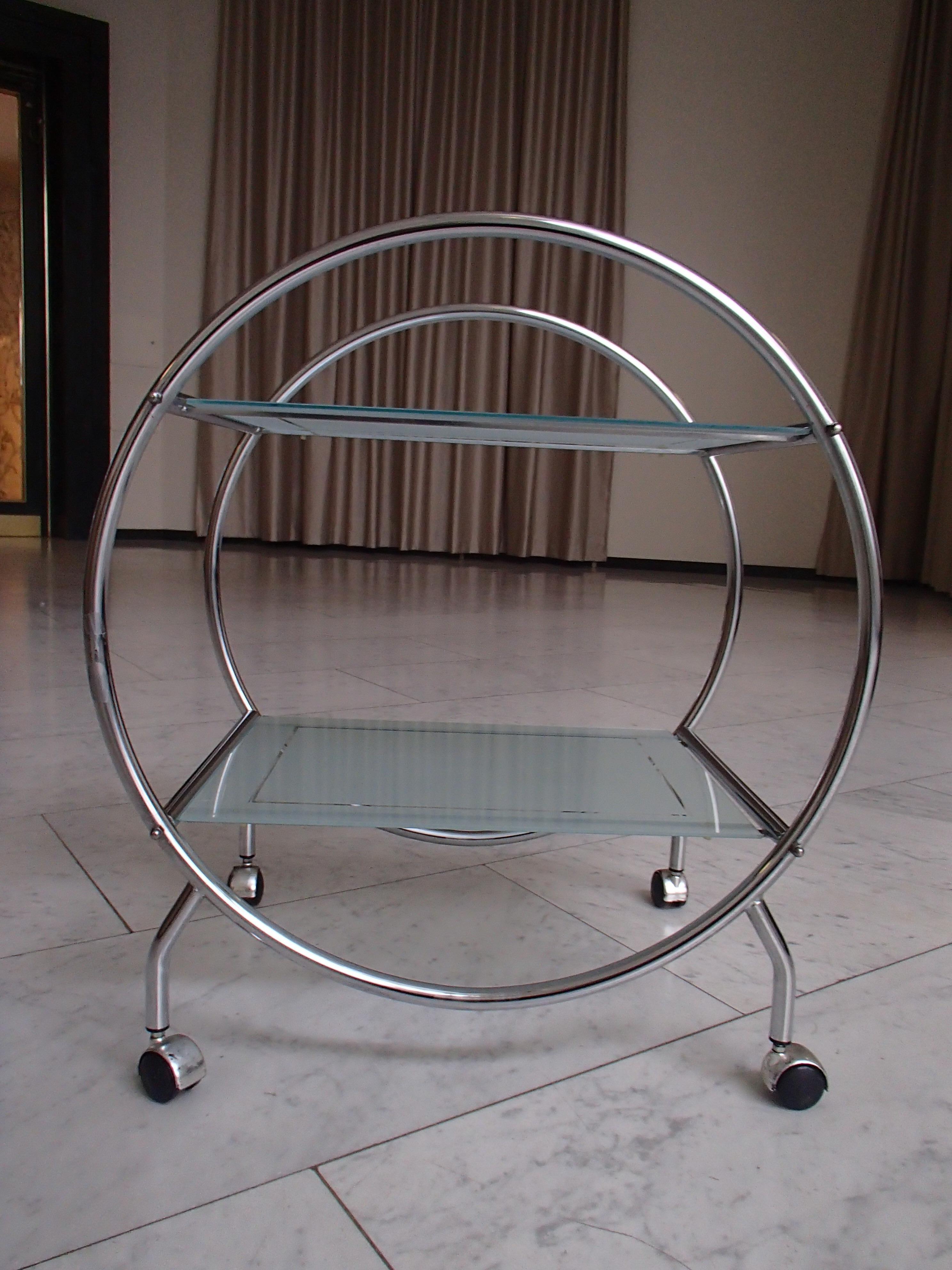 British Round Chrome Art Deco Bar Cart Trolley with 2 Glass Shelves For Sale