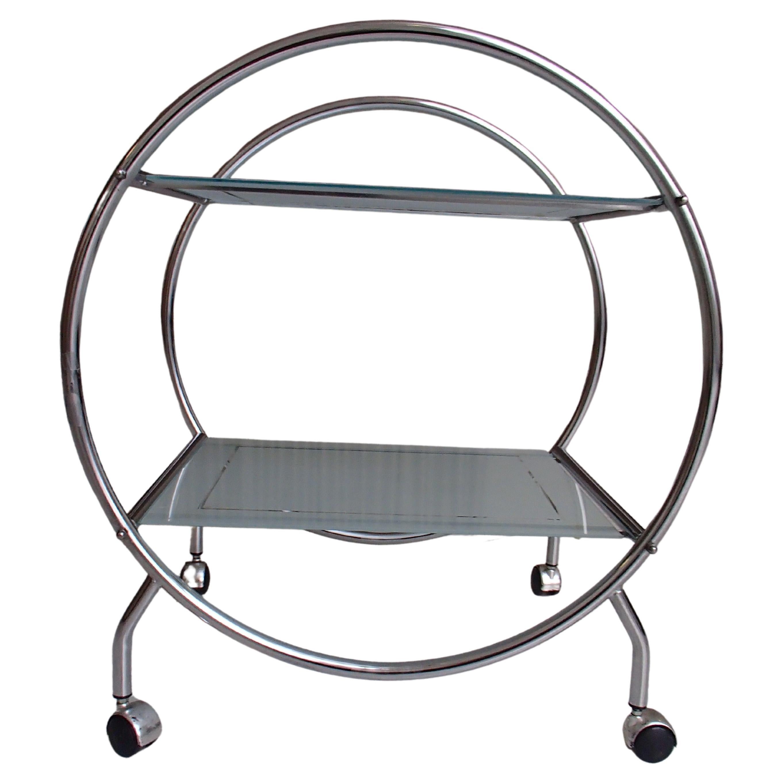 Round Chrome Art Deco Bar Cart Trolley with 2 Glass Shelves For Sale