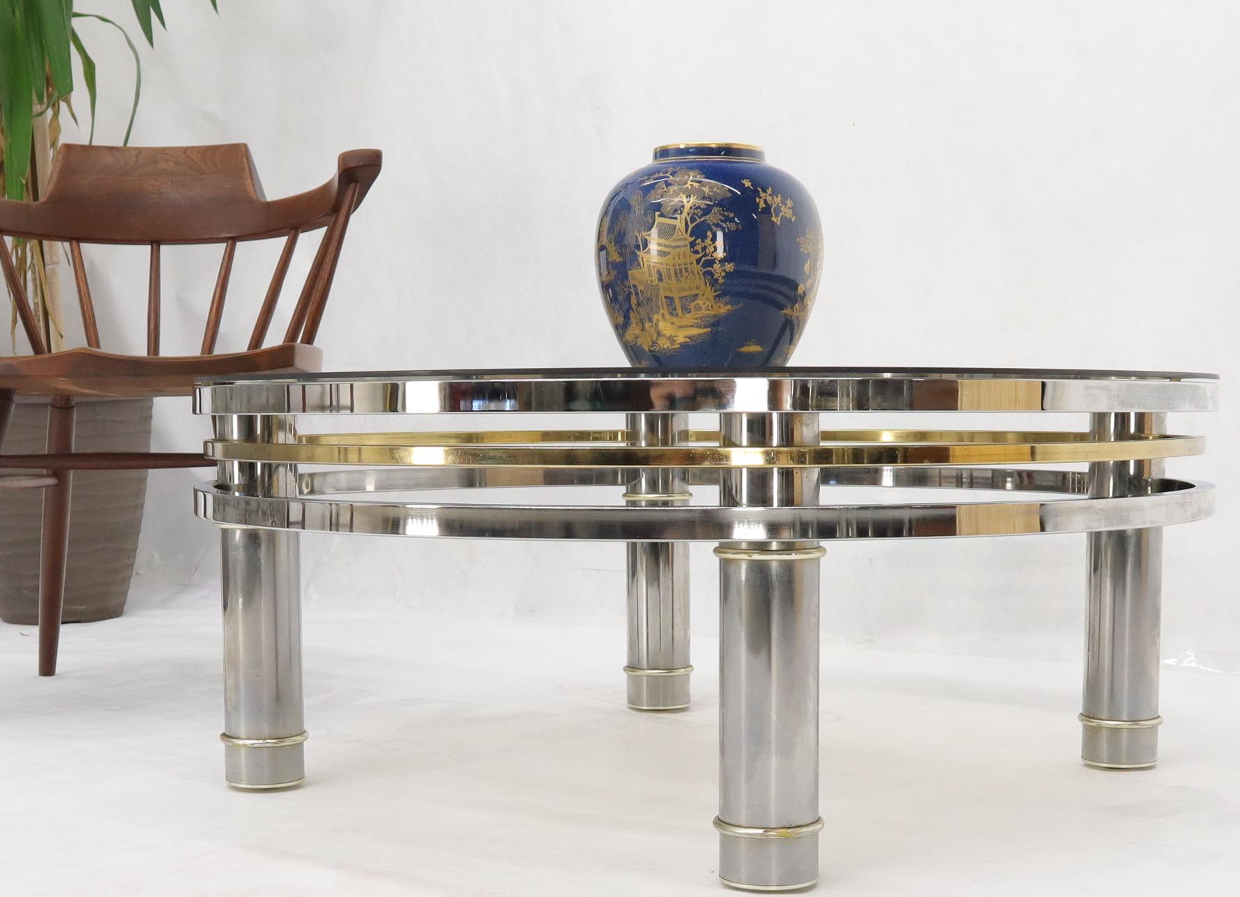 American Round Chrome Brass Smoked Glass Mid-Century Modern Coffee Table