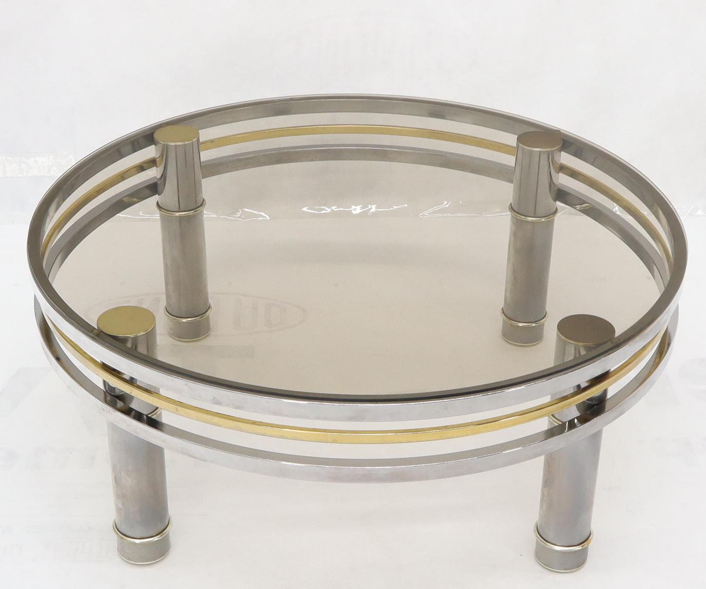 Round Chrome Brass Smoked Glass Mid-Century Modern Coffee Table In Good Condition In Rockaway, NJ