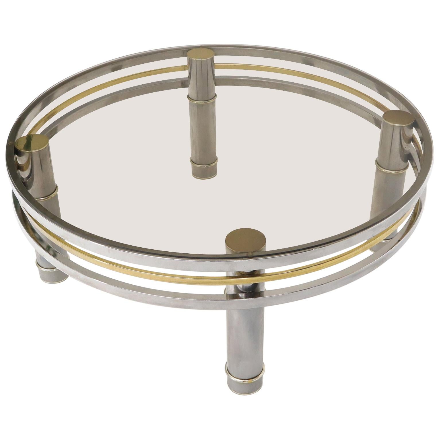 Round Chrome Brass Smoked Glass Mid-Century Modern Coffee Table