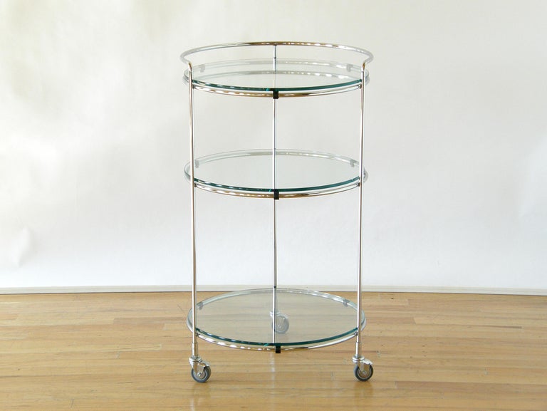Round Chrome Rolling Cocktail Bar Serving Cart with Glass Shelves at