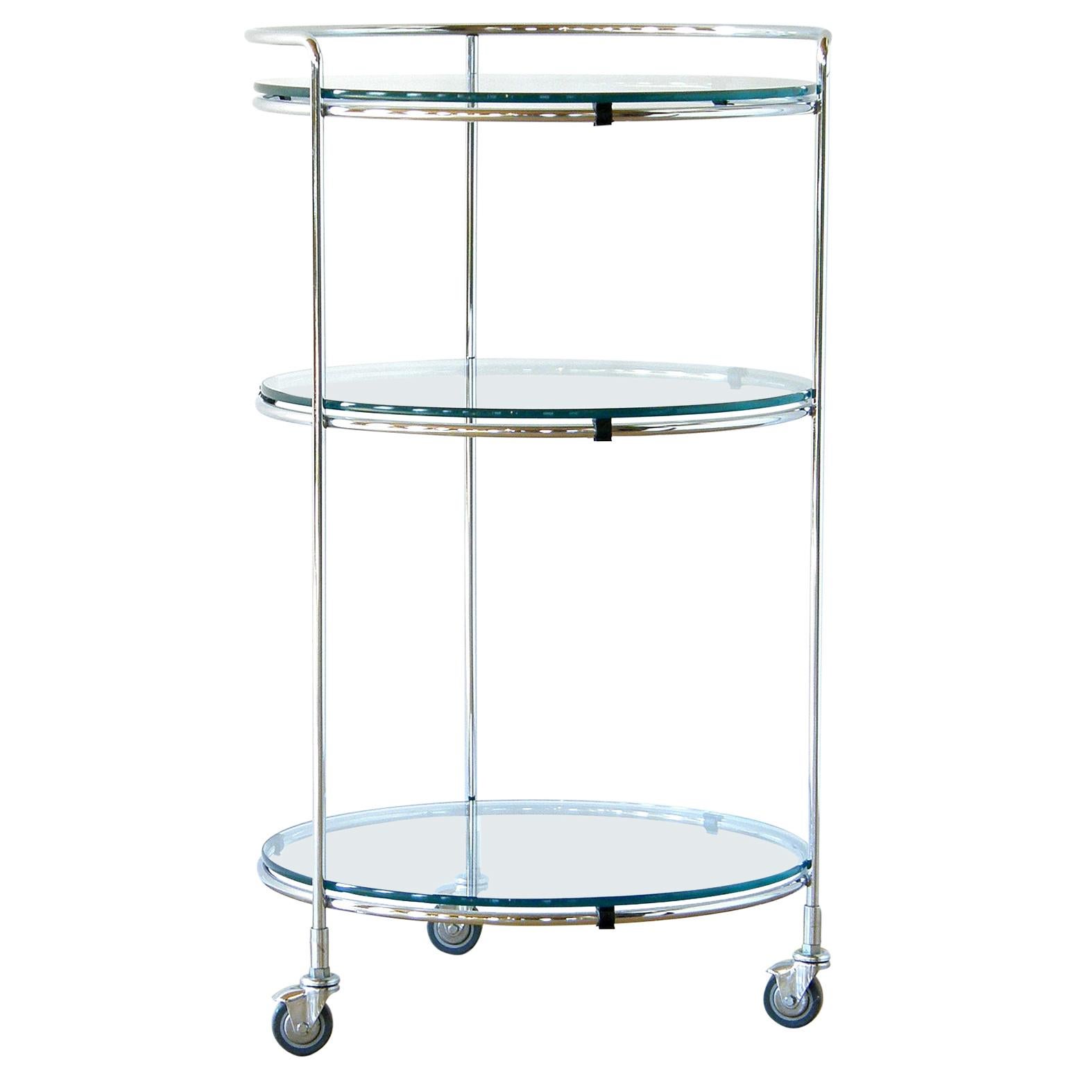 Round Chrome Rolling Cocktail Bar Serving Cart with Glass Shelves