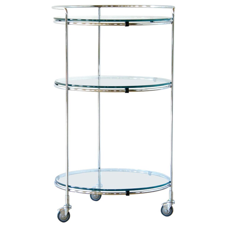 Round Chrome Rolling Cocktail Bar Serving Cart with Glass Shelves at
