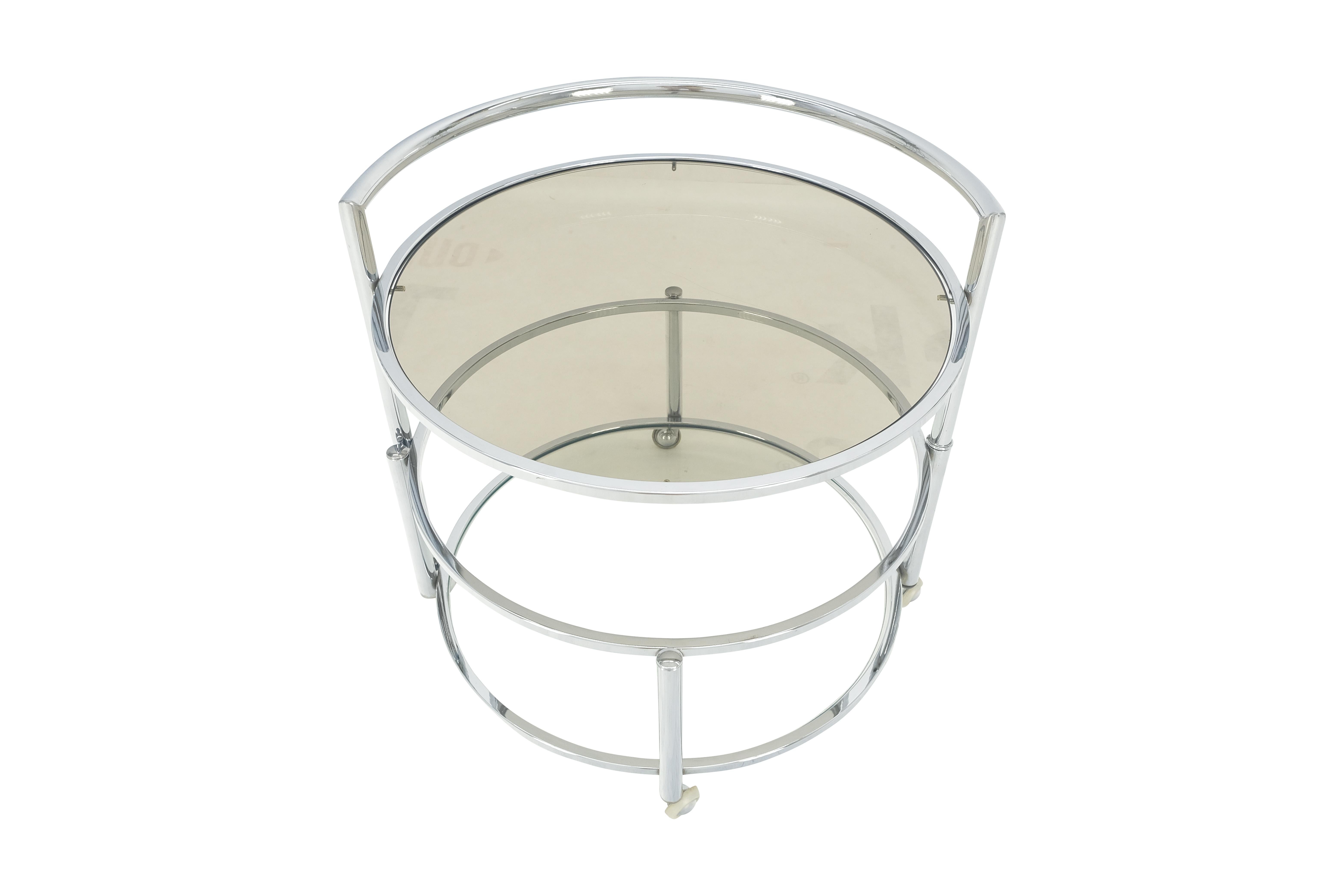 Round Chrome & Smoked Glass Expandable Serving Tea Bar Cart Shepherd Castors   For Sale 5