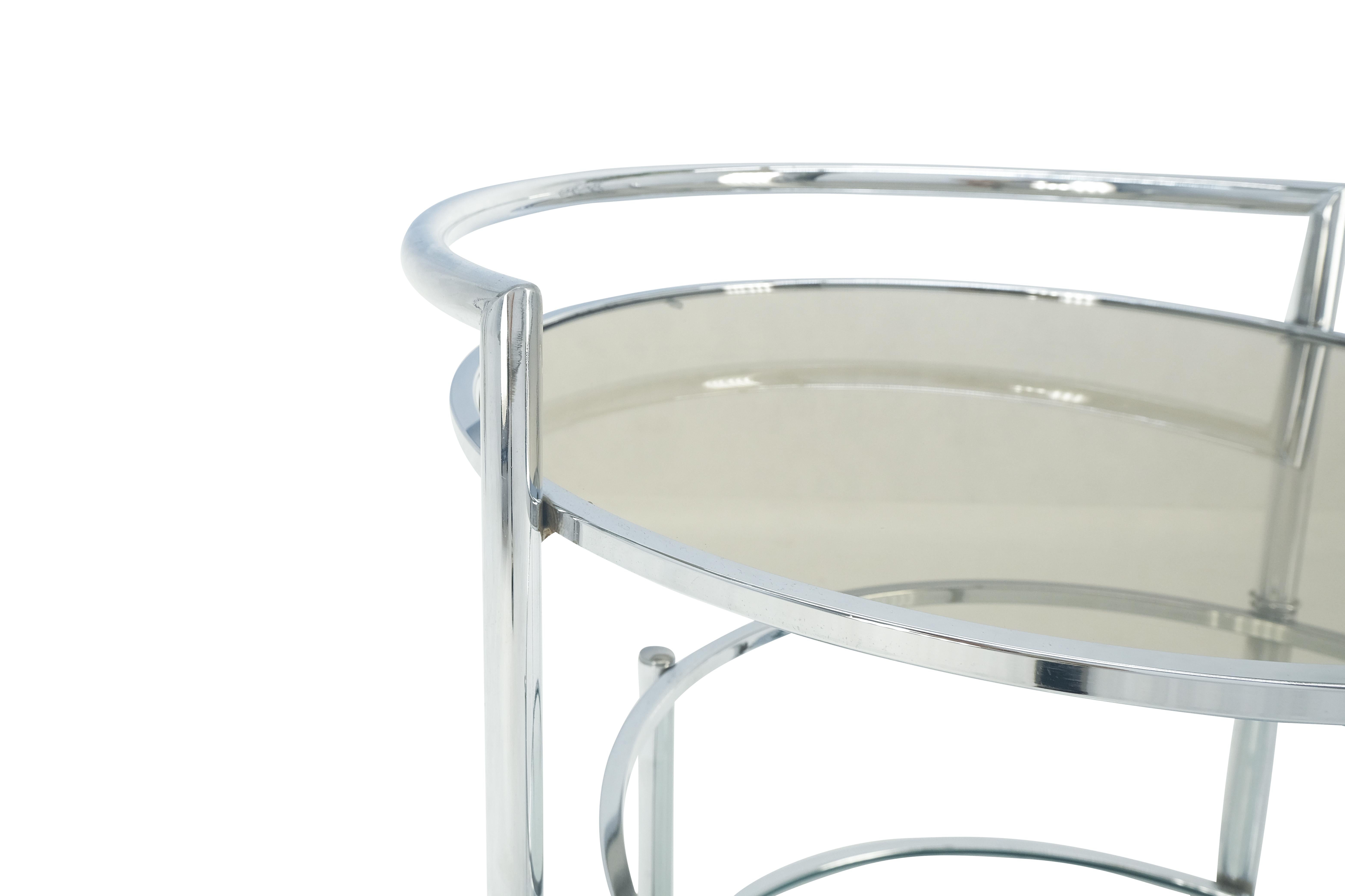 Bauhaus Era Mid Century Modern Round Chrome & Smoked Glass Expandable Serving Tea Bar Cart Shepherd Castors  MINT !