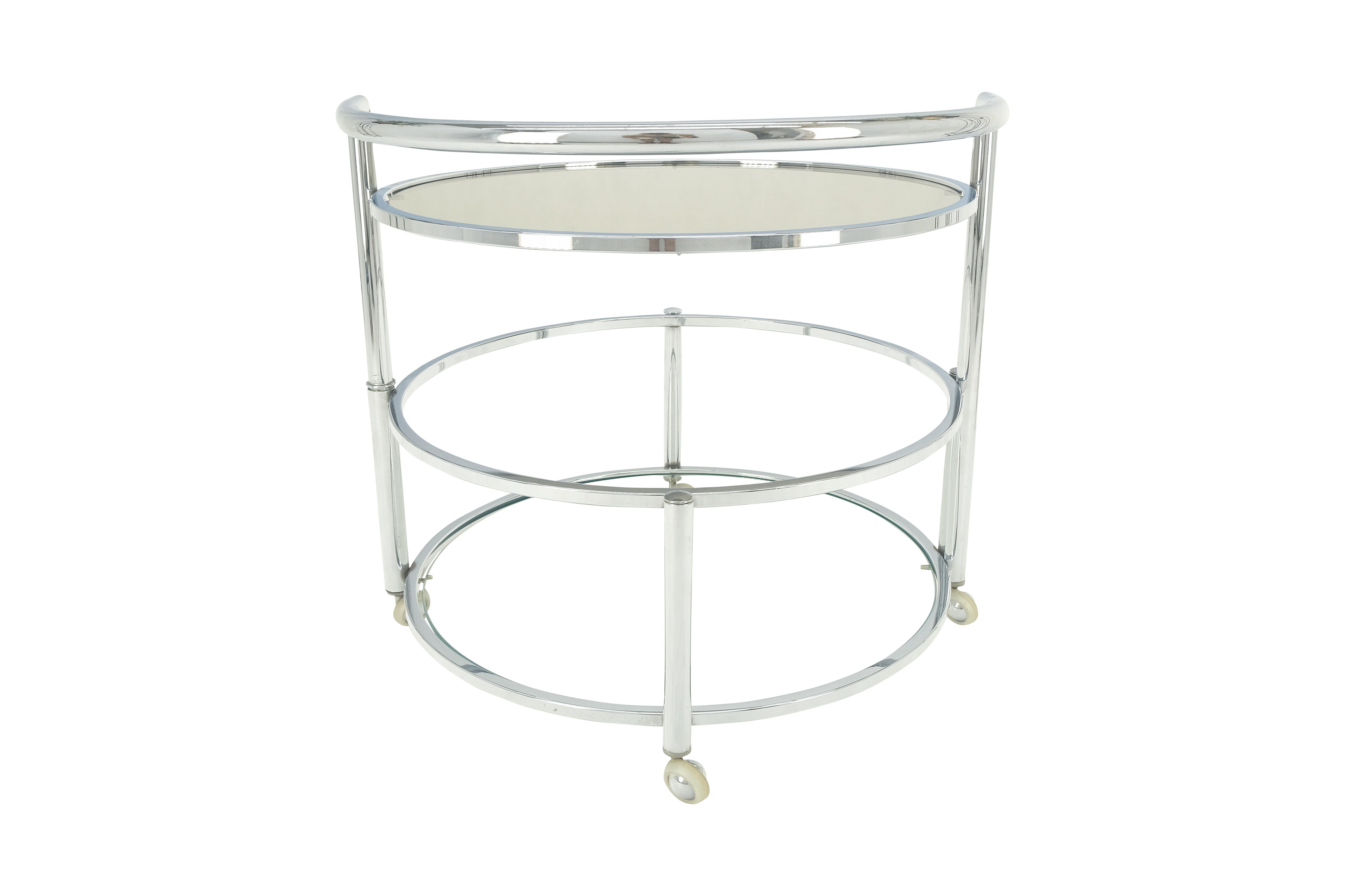 Bauhaus Round Chrome & Smoked Glass Expandable Serving Tea Bar Cart Shepherd Castors   For Sale