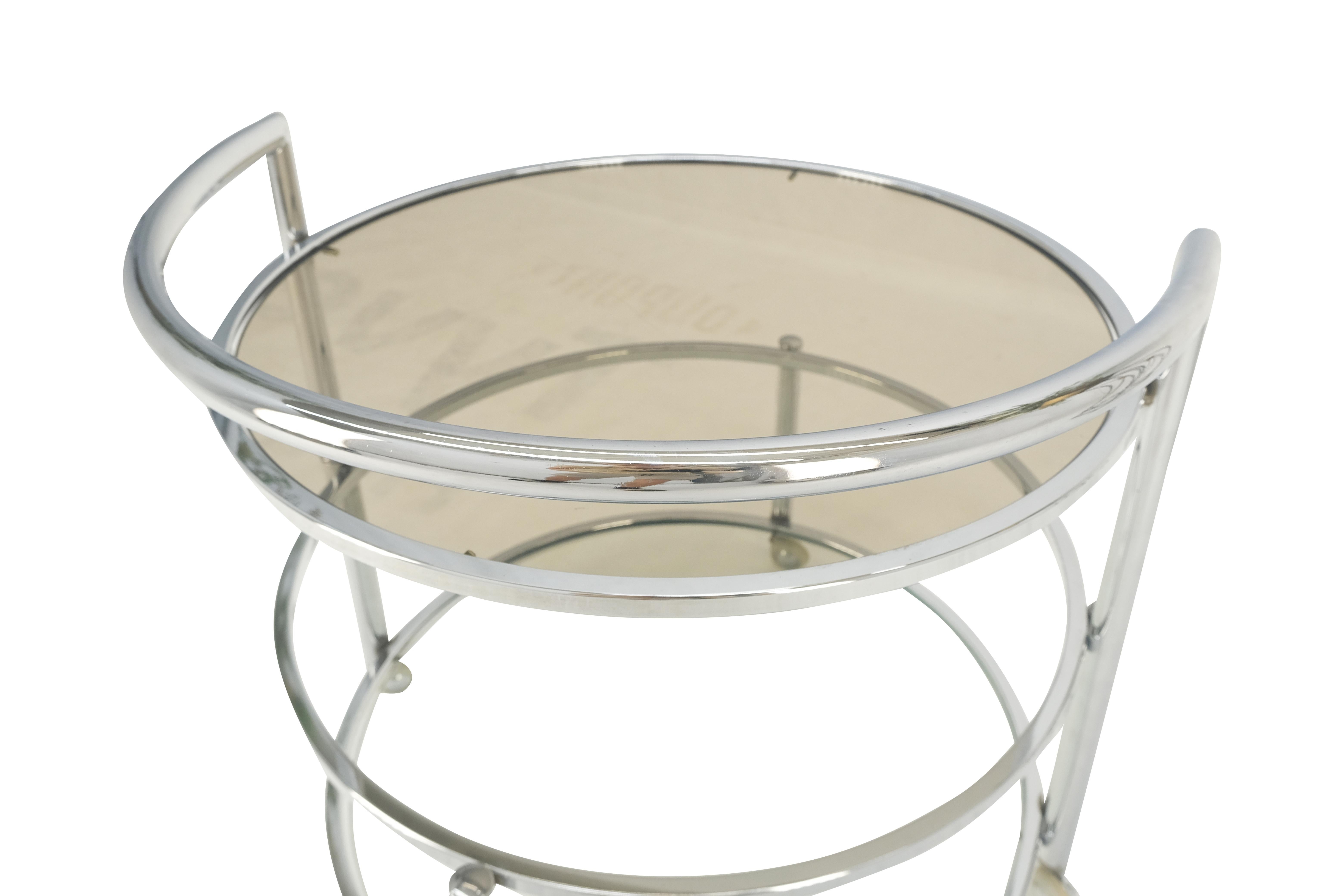 Italian Round Chrome & Smoked Glass Expandable Serving Tea Bar Cart Shepherd Castors   For Sale