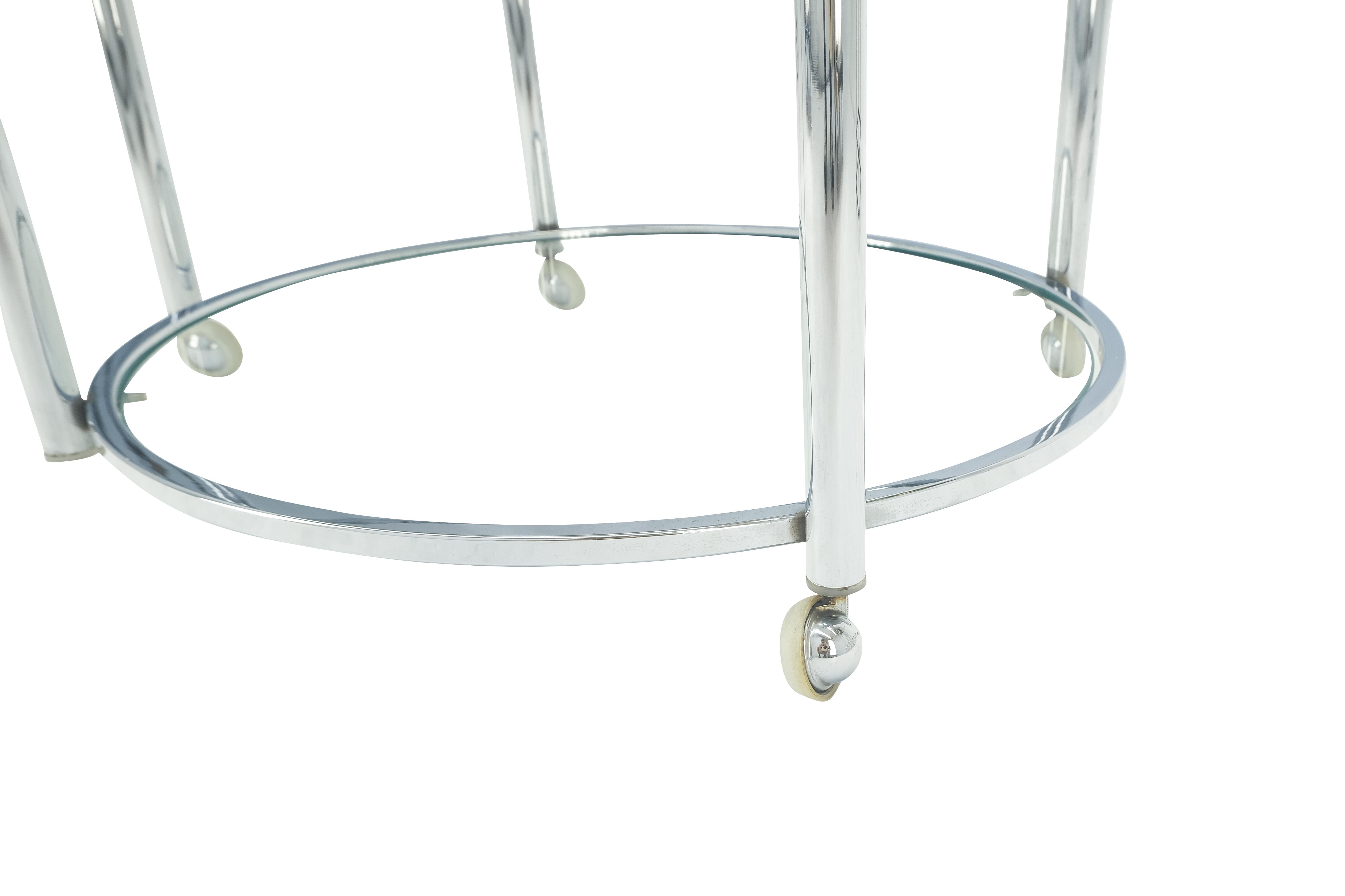 Round Chrome & Smoked Glass Expandable Serving Tea Bar Cart Shepherd Castors   For Sale 2