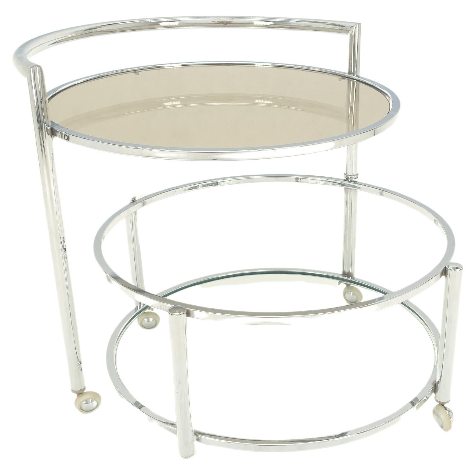 Round Chrome & Smoked Glass Expandable Serving Tea Bar Cart Shepherd Castors   For Sale