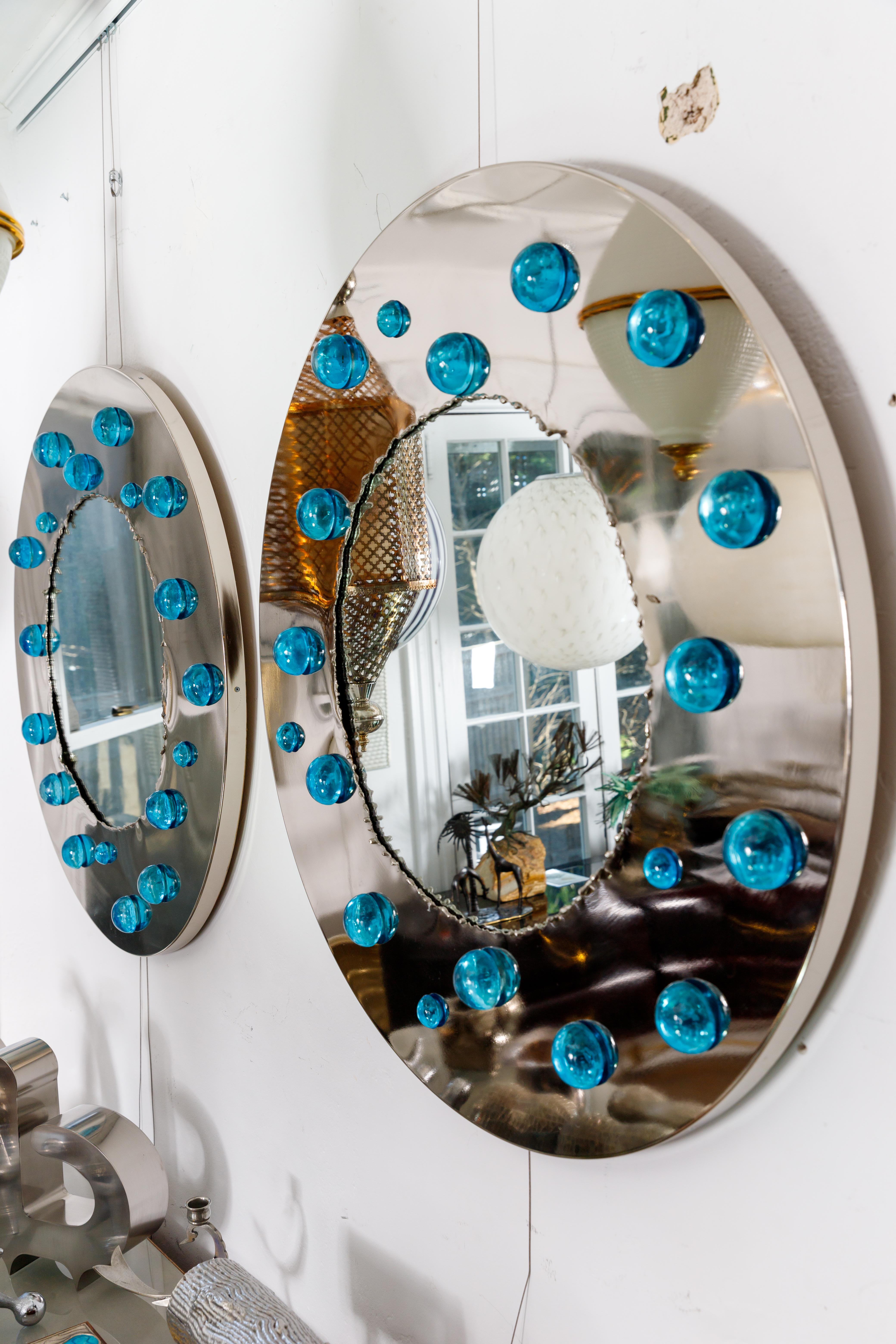 Modern Round Chrome Surround Mirror with Blue Dot Glass Appliques