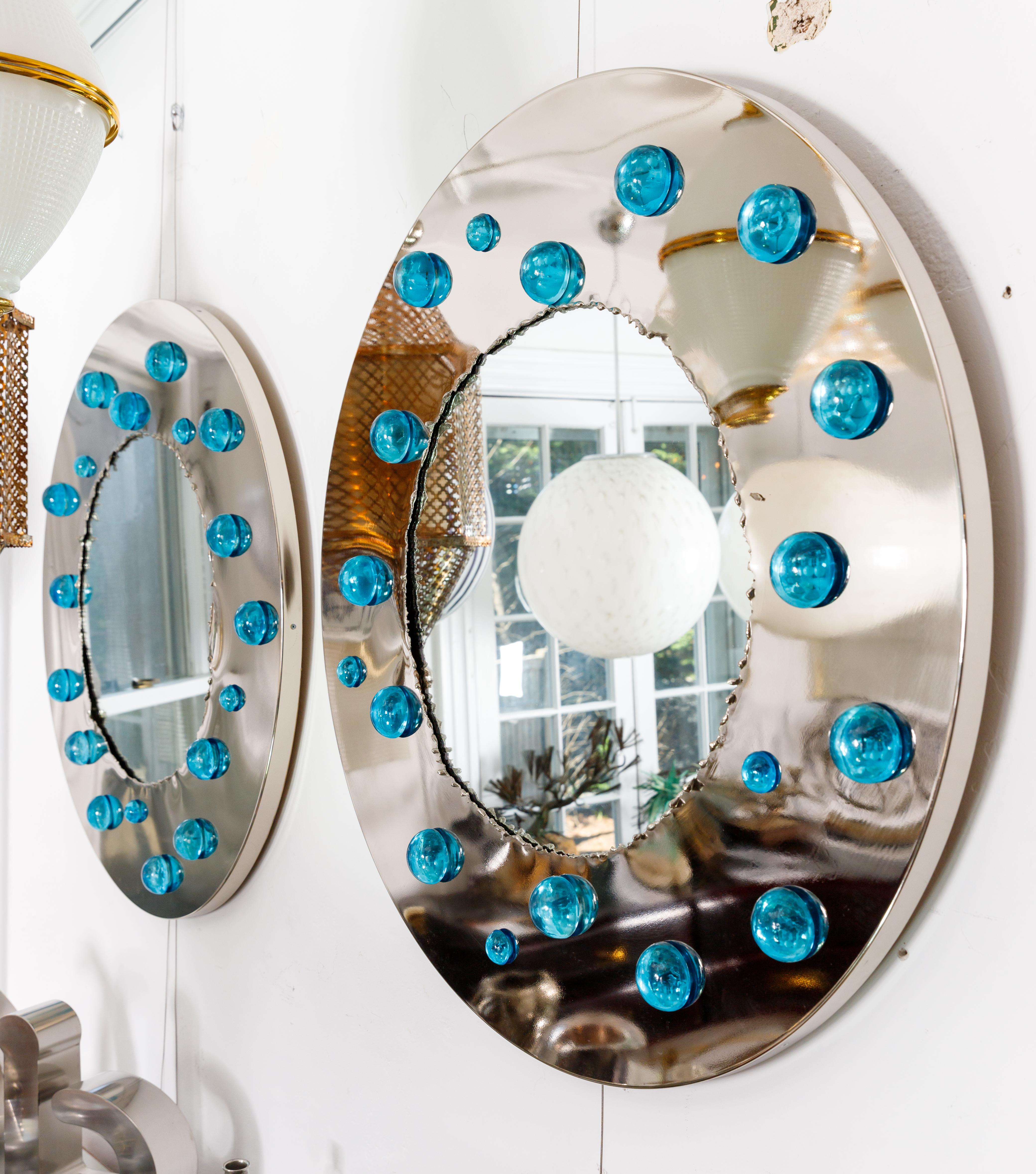 Italian Round Chrome Surround Mirror with Blue Dot Glass Appliques