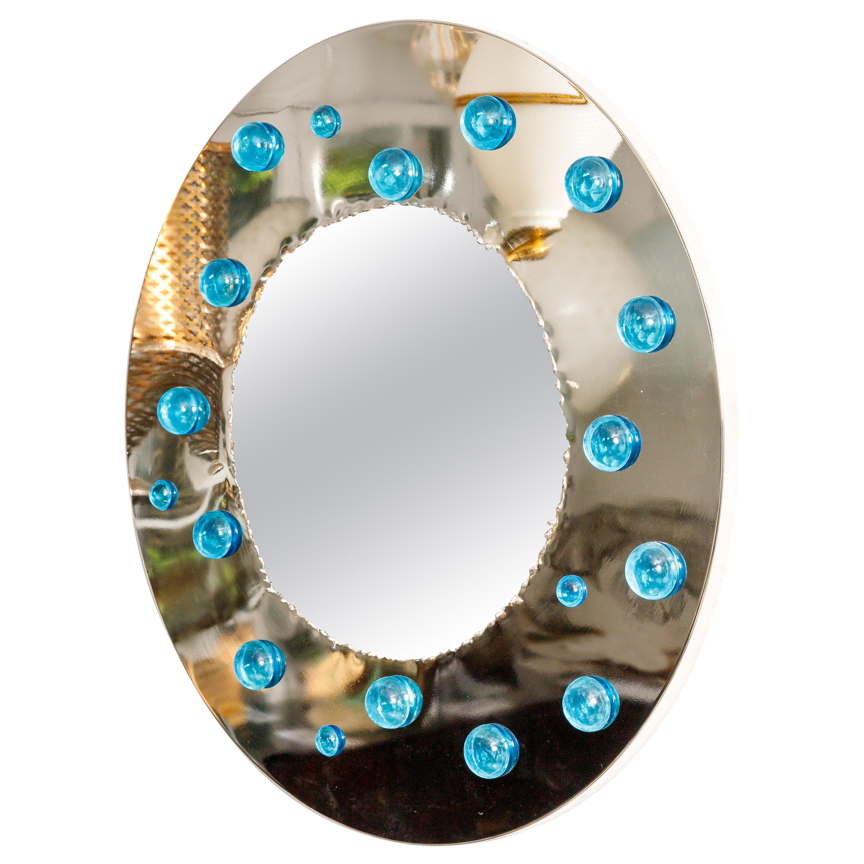 Round Chrome Surround Mirror with Blue Dot Glass Appliques