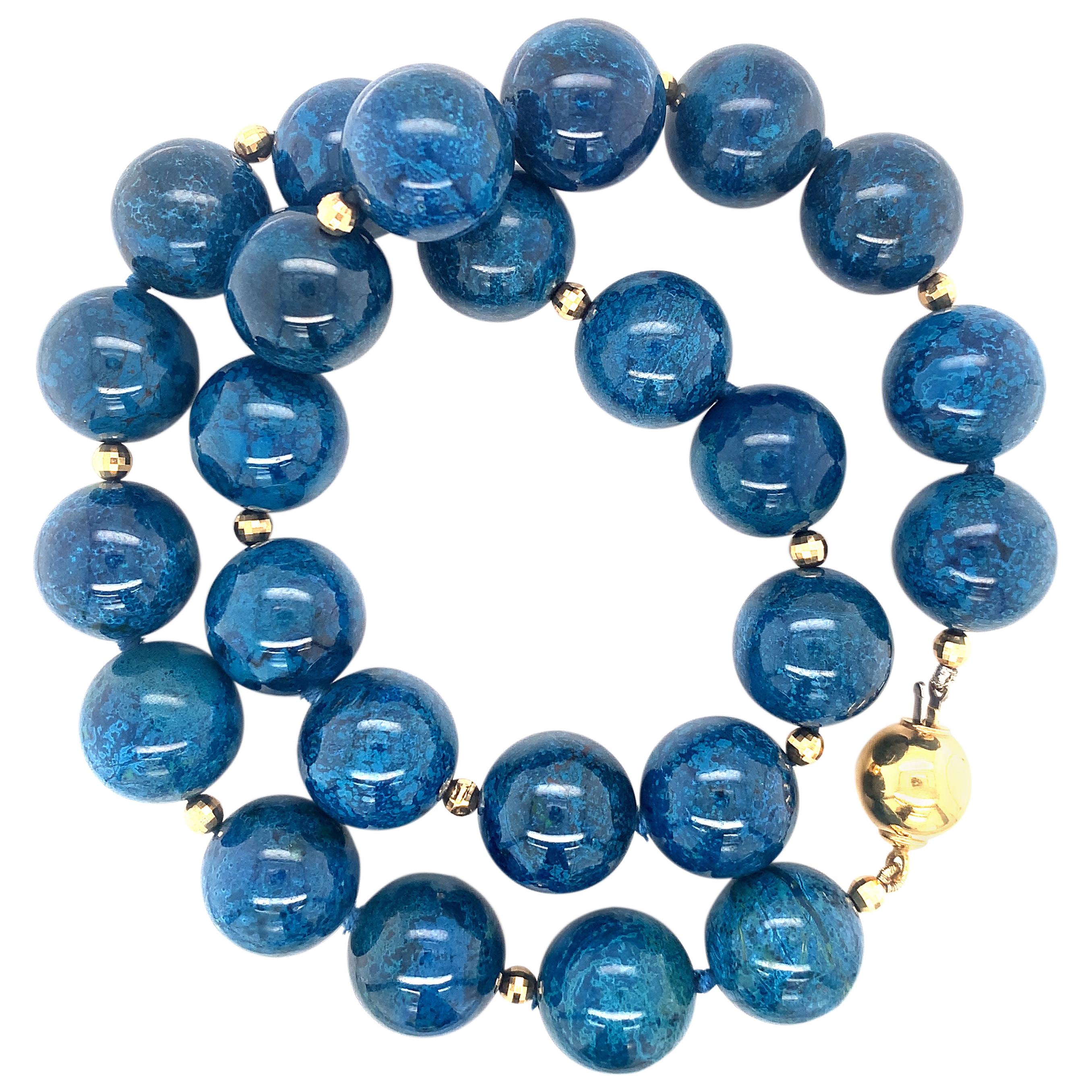 Round Chrysocolla Bead Necklace with Yellow Gold, 202 Grams