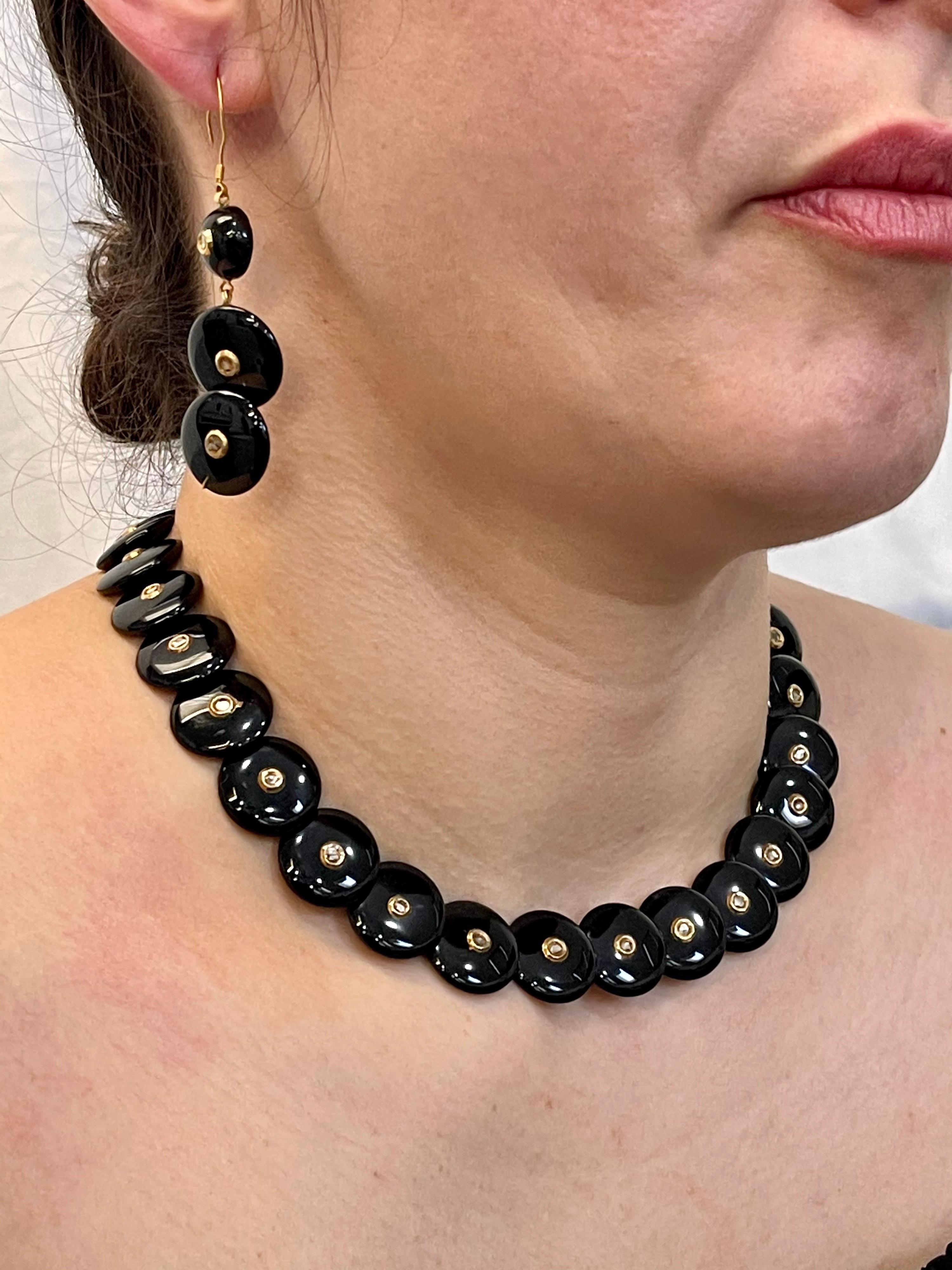 Round Circle Black Onyx with Rose Cut Diamond 18 Karat Gold Necklace, Earrings For Sale 5