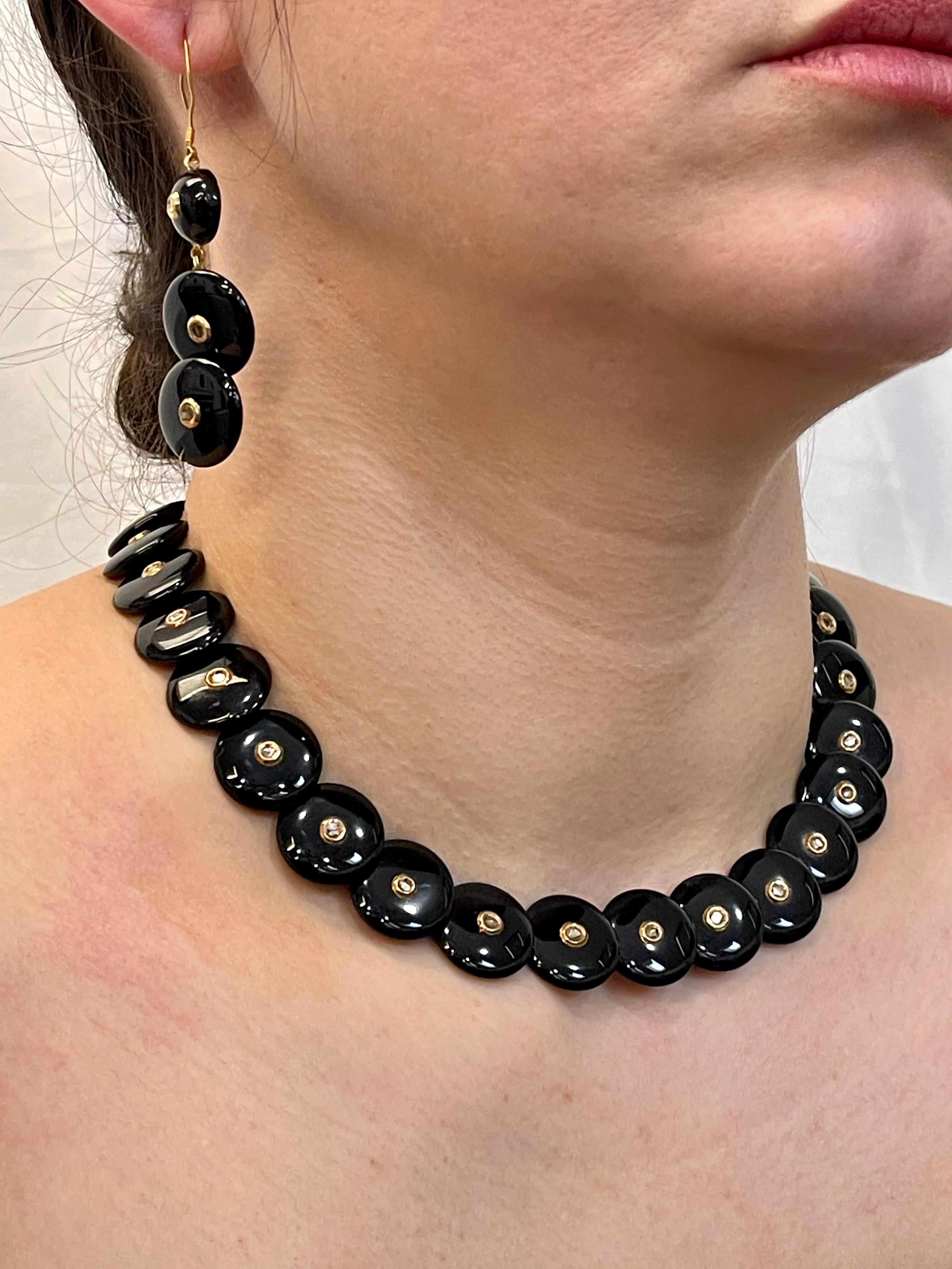 Round Cut Round Circle Black Onyx with Rose Cut Diamond 18 Karat Gold Necklace, Earrings For Sale