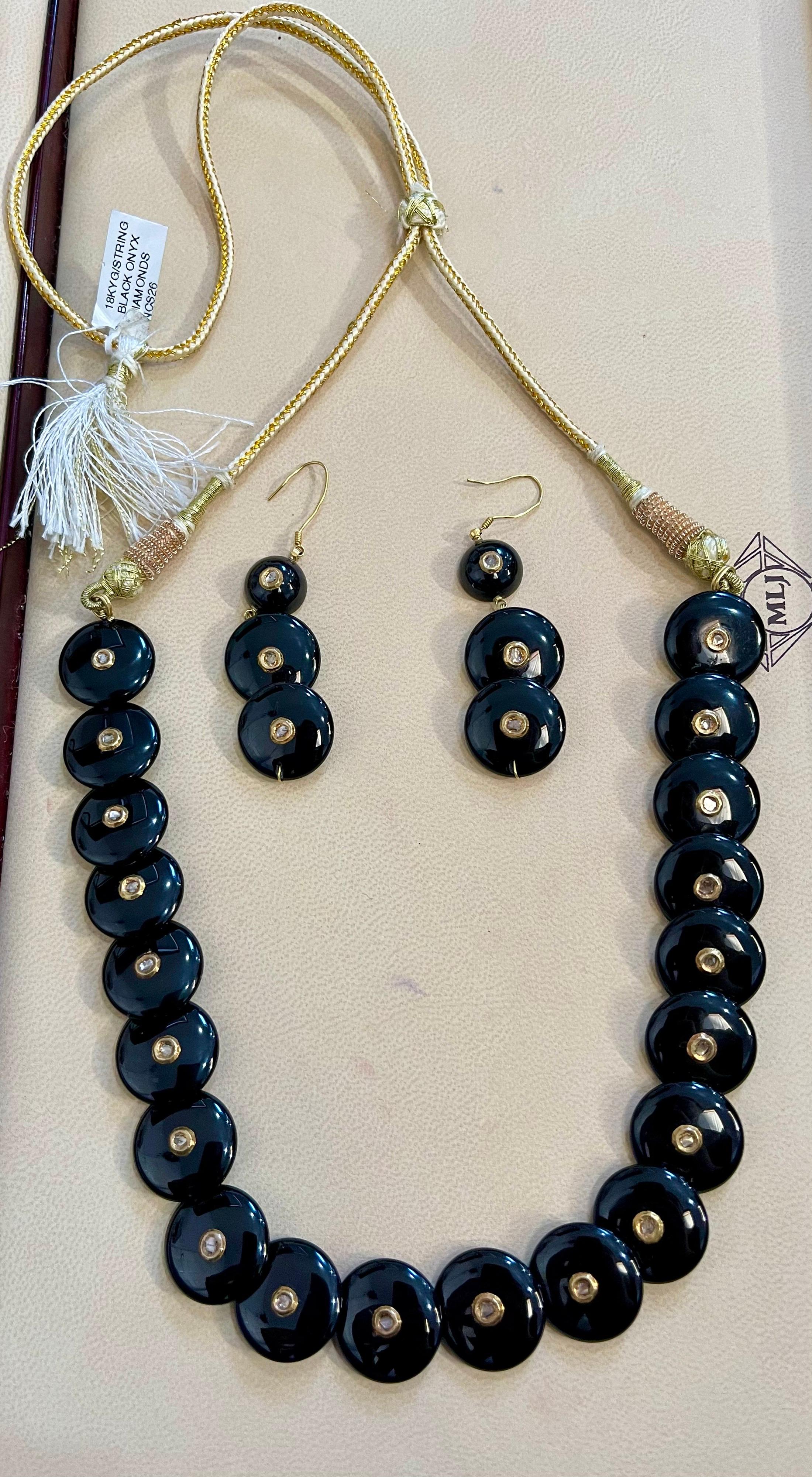 Women's Round Circle Black Onyx with Rose Cut Diamond 18 Karat Gold Necklace, Earrings For Sale