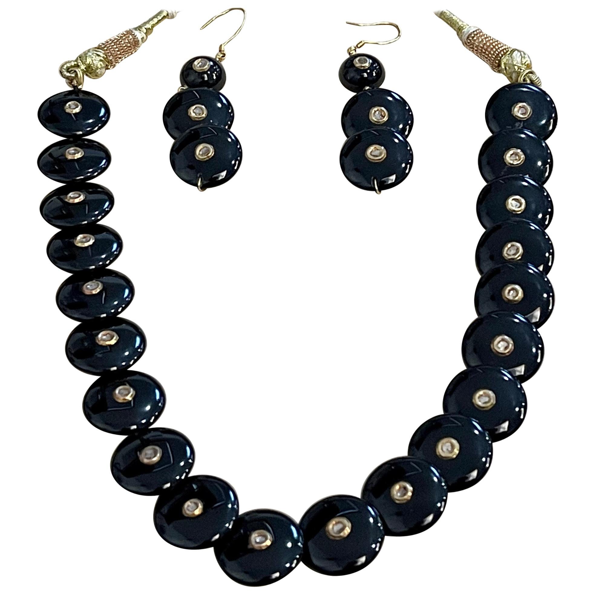 Round Circle Black Onyx with Rose Cut Diamond 18 Karat Gold Necklace, Earrings For Sale