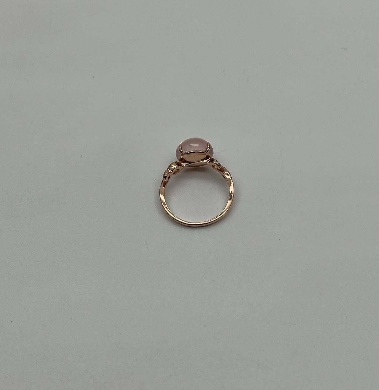 Round Circle Cabochon Pink Rose Quartz 14K Diamond Statement Unique Ring For Sale 6