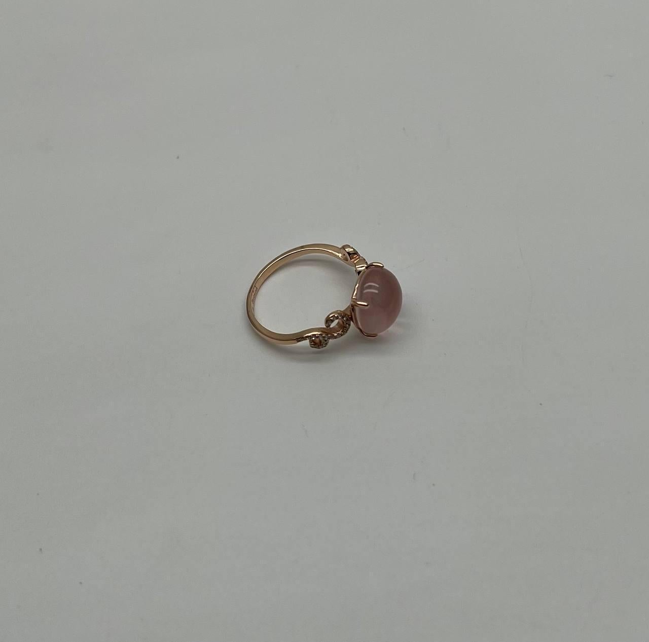 Round Circle Cabochon Pink Rose Quartz 14K Diamond Statement Unique Ring For Sale 7