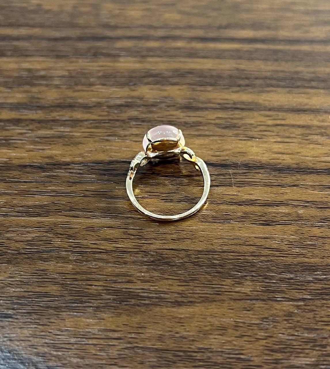 Women's Round Circle Cabochon Pink Rose Quartz 14K Diamond Statement Unique Ring For Sale