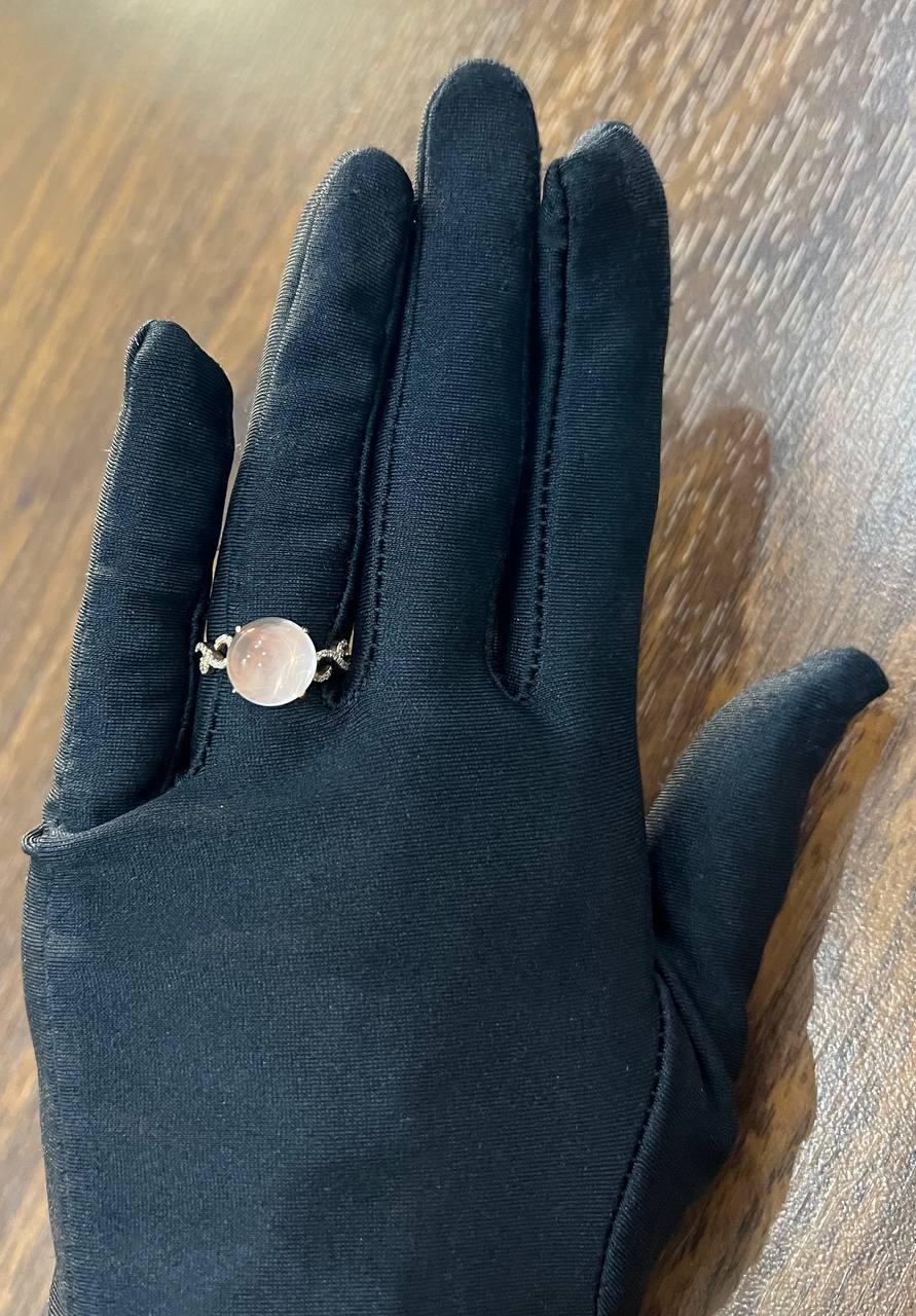 Round Circle Cabochon Pink Rose Quartz 14K Diamond Statement Unique Ring For Sale 1