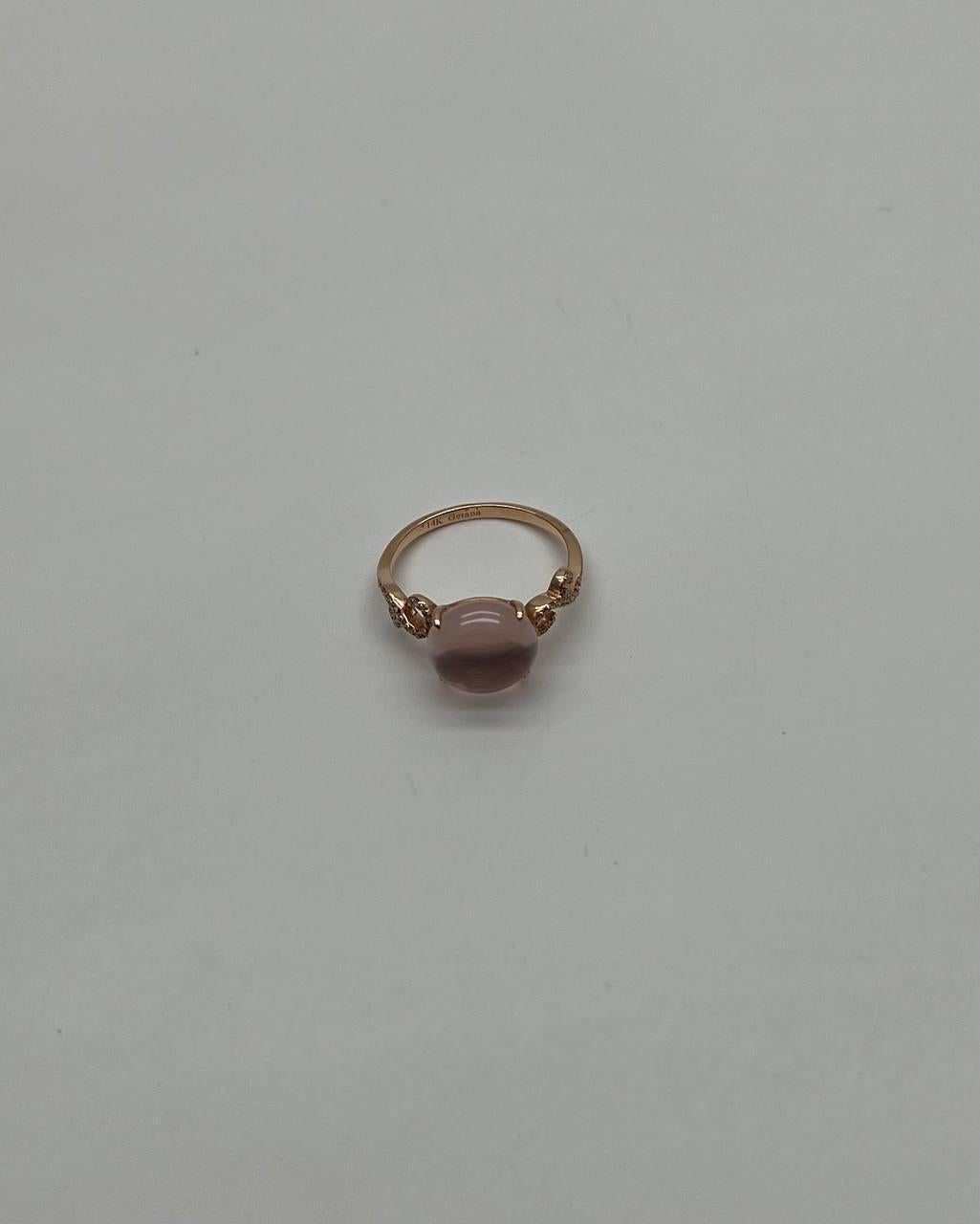 Round Circle Cabochon Pink Rose Quartz 14K Diamond Statement Unique Ring For Sale 3