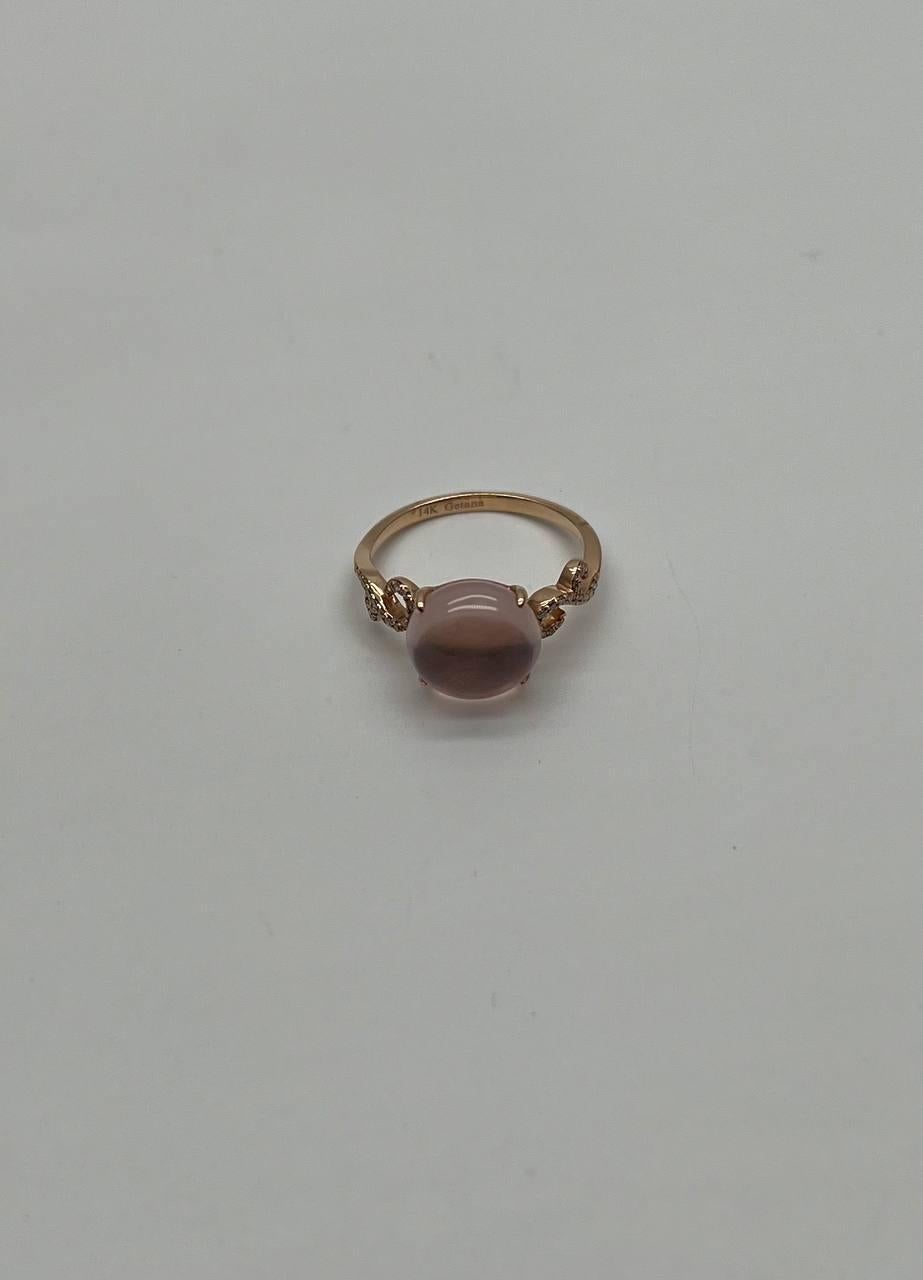 Round Circle Cabochon Pink Rose Quartz 14K Diamond Statement Unique Ring For Sale 4