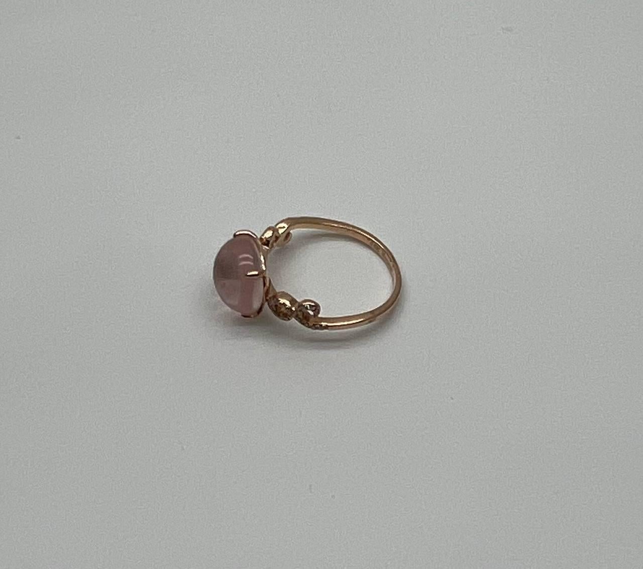 Round Circle Cabochon Pink Rose Quartz 14K Diamond Statement Unique Ring For Sale 5