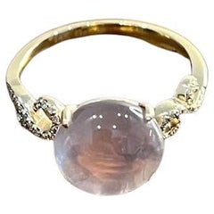 Round Circle Cabochon Pink Rose Quartz 14K Diamond Statement Unique Ring