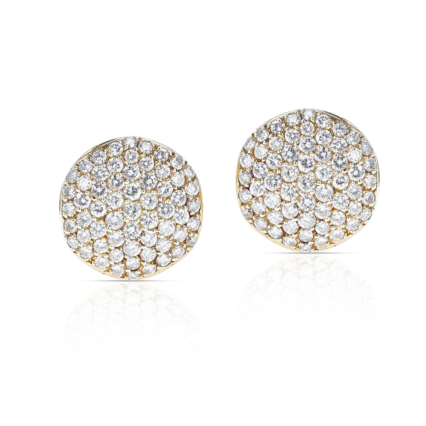 A pair of Round Circular Diamond Earrings made in 18K Yellow Gold. The total diamond weight is 4.50 carats. The total is 9.47 grams. 0.70