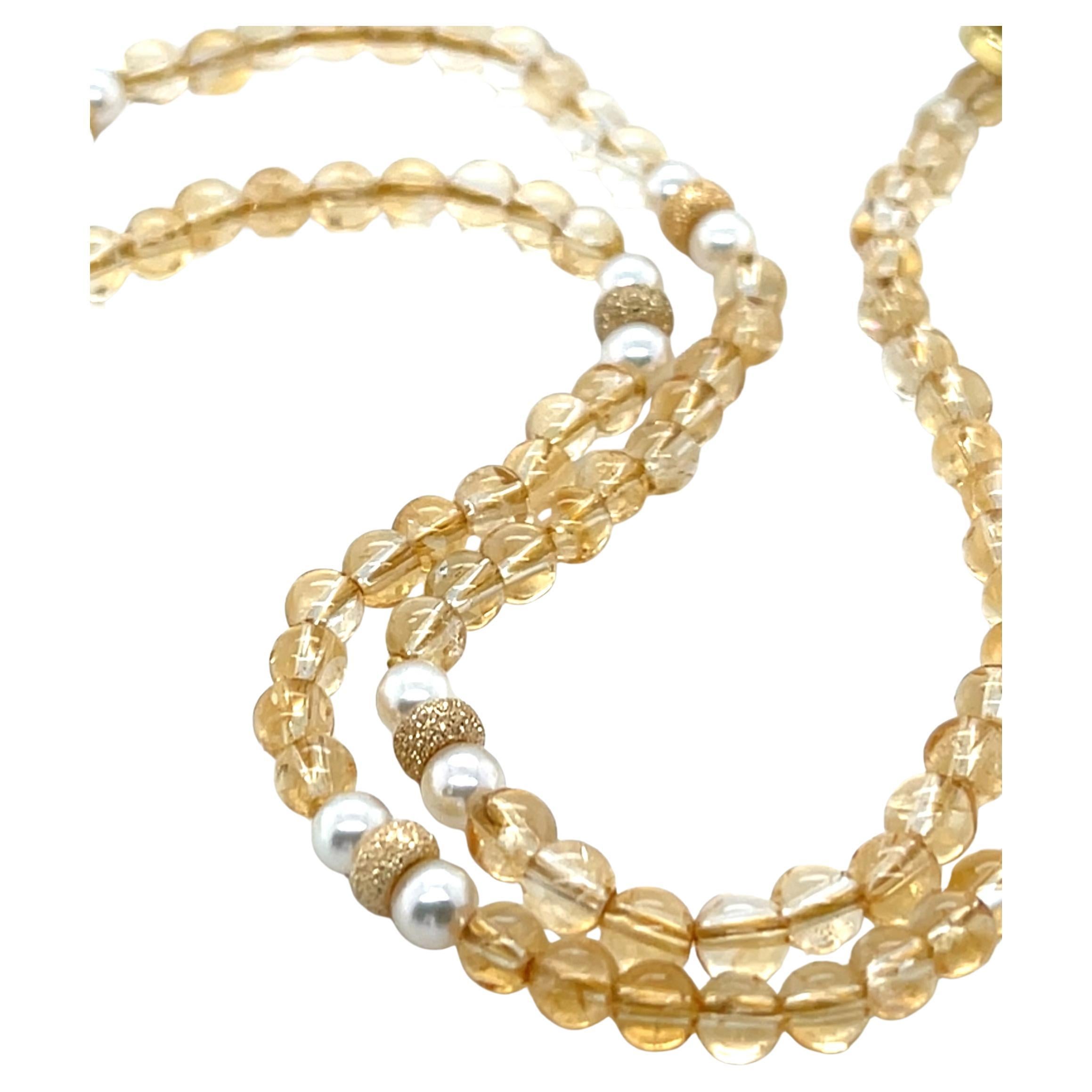 Artisan Collier de perles et de citrines rondes avec accents en or jaune, 18,5 pouces en vente