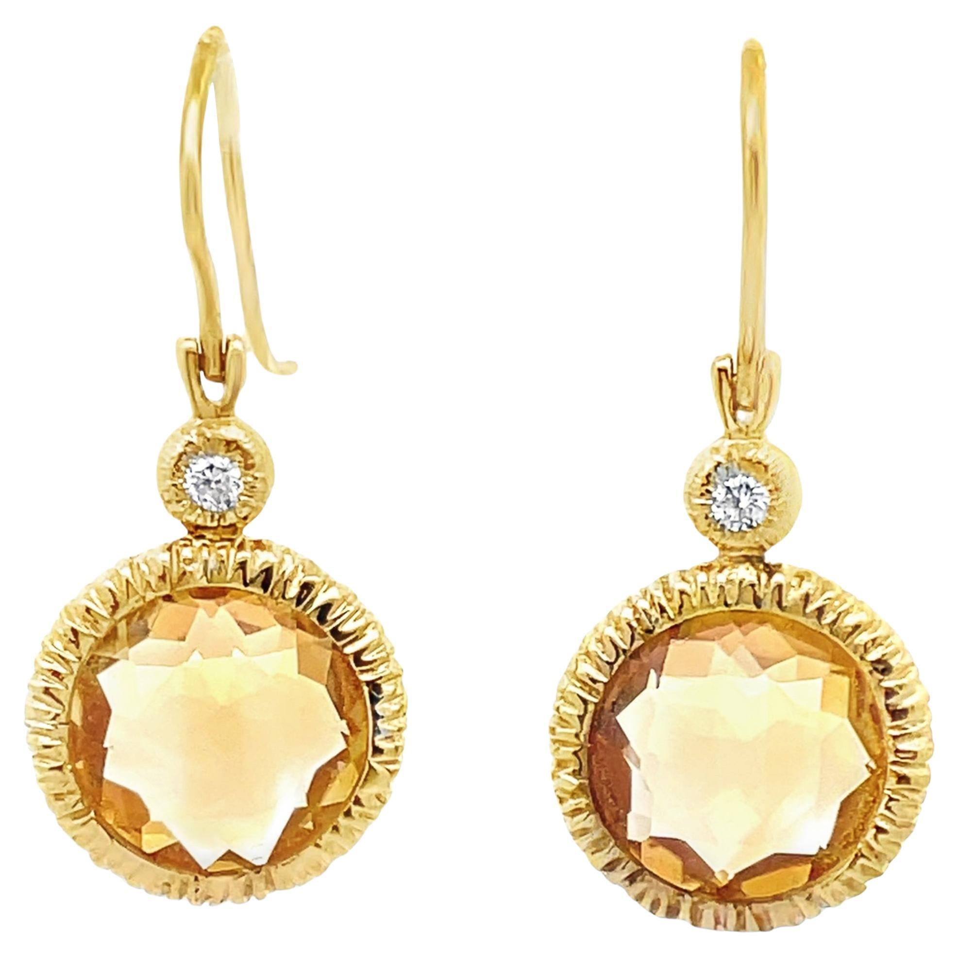 Orecchini con diamanti a goccia con citrino rotondo, castone con bordo smerlato in oro giallo 14K