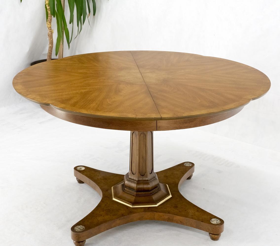 Mid-Century Modern Round Clove Shape Burl Walnut Dining Conference Table w/ 3 Extension Leaves For Sale