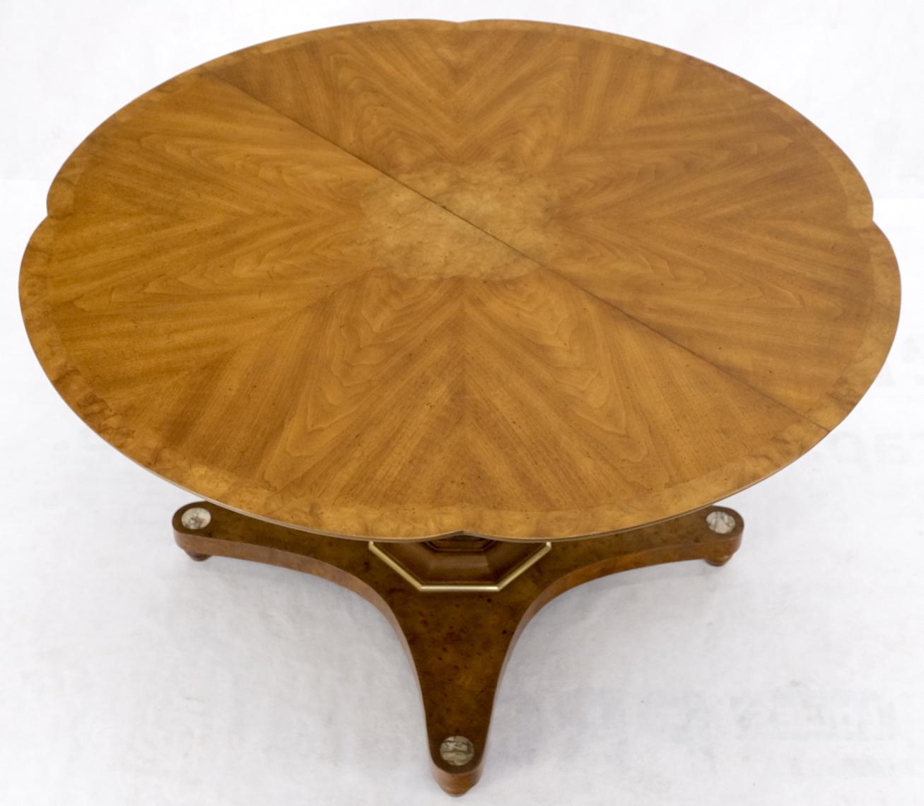 American Round Clove Shape Burl Walnut Dining Conference Table w/ 3 Extension Leaves For Sale