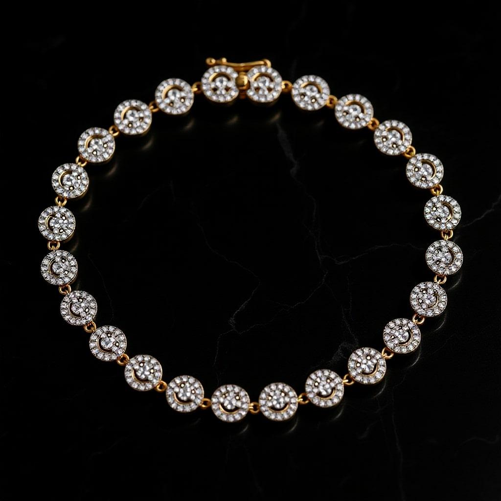 Diamante redondo en racimo Pulsera de oro amarillo de 14K (o 18K bajo pedido) Corte redondo en venta