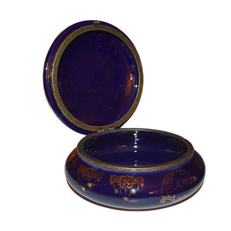 Neoclassical Round Cobalt Blue Madonna and Child Hinged Trinket Box Limoges China For Sale