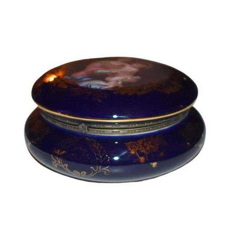 Chinese Round Cobalt Blue Madonna and Child Hinged Trinket Box Limoges China For Sale