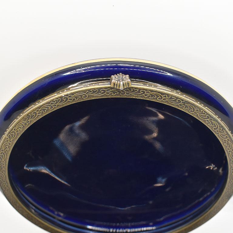 Metal Round Cobalt Blue Madonna and Child Hinged Trinket Box Limoges China For Sale