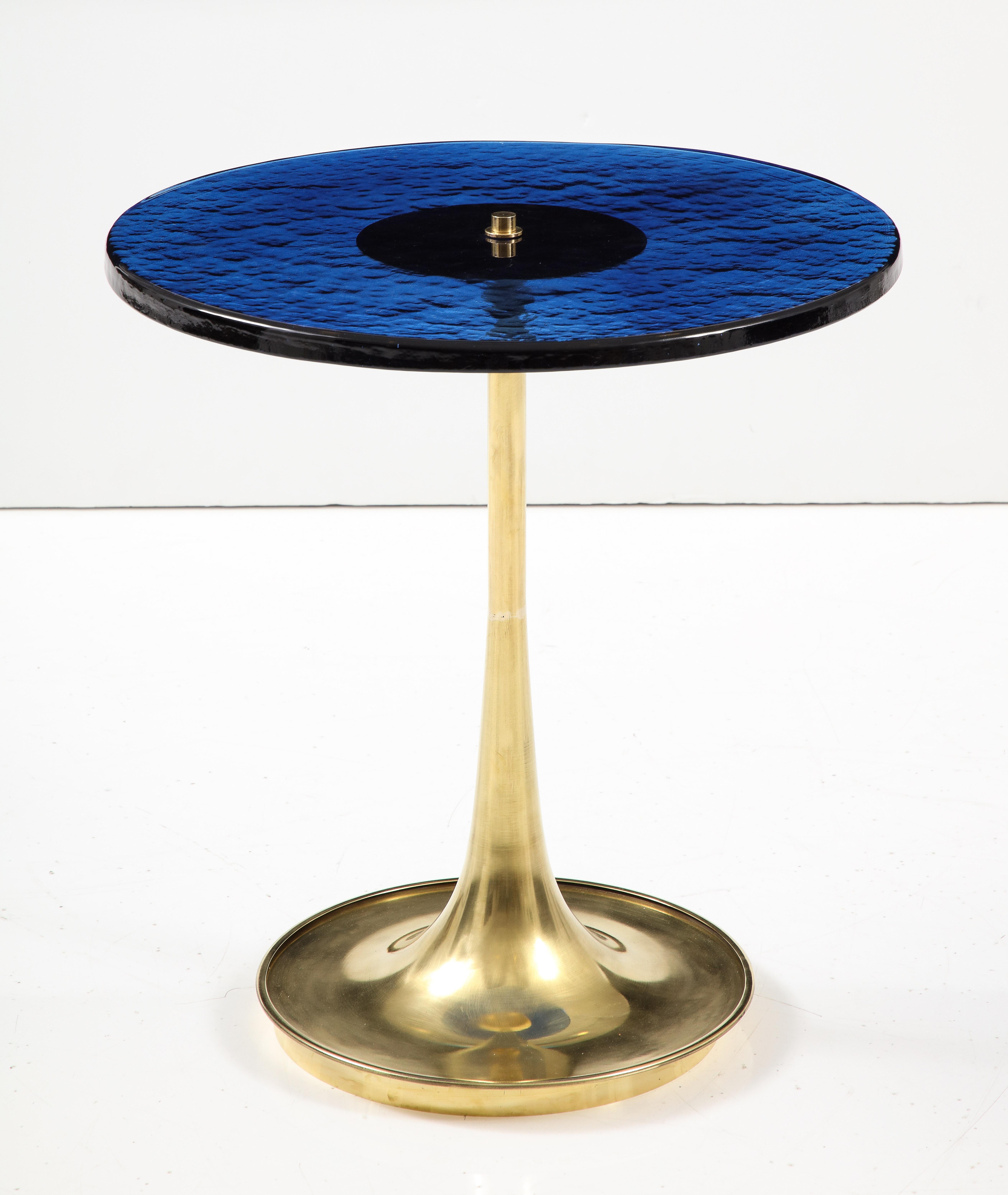 Hand-Crafted Round Cobalt Blue Murano Glass and Brass Martini or Side Table, Italy
