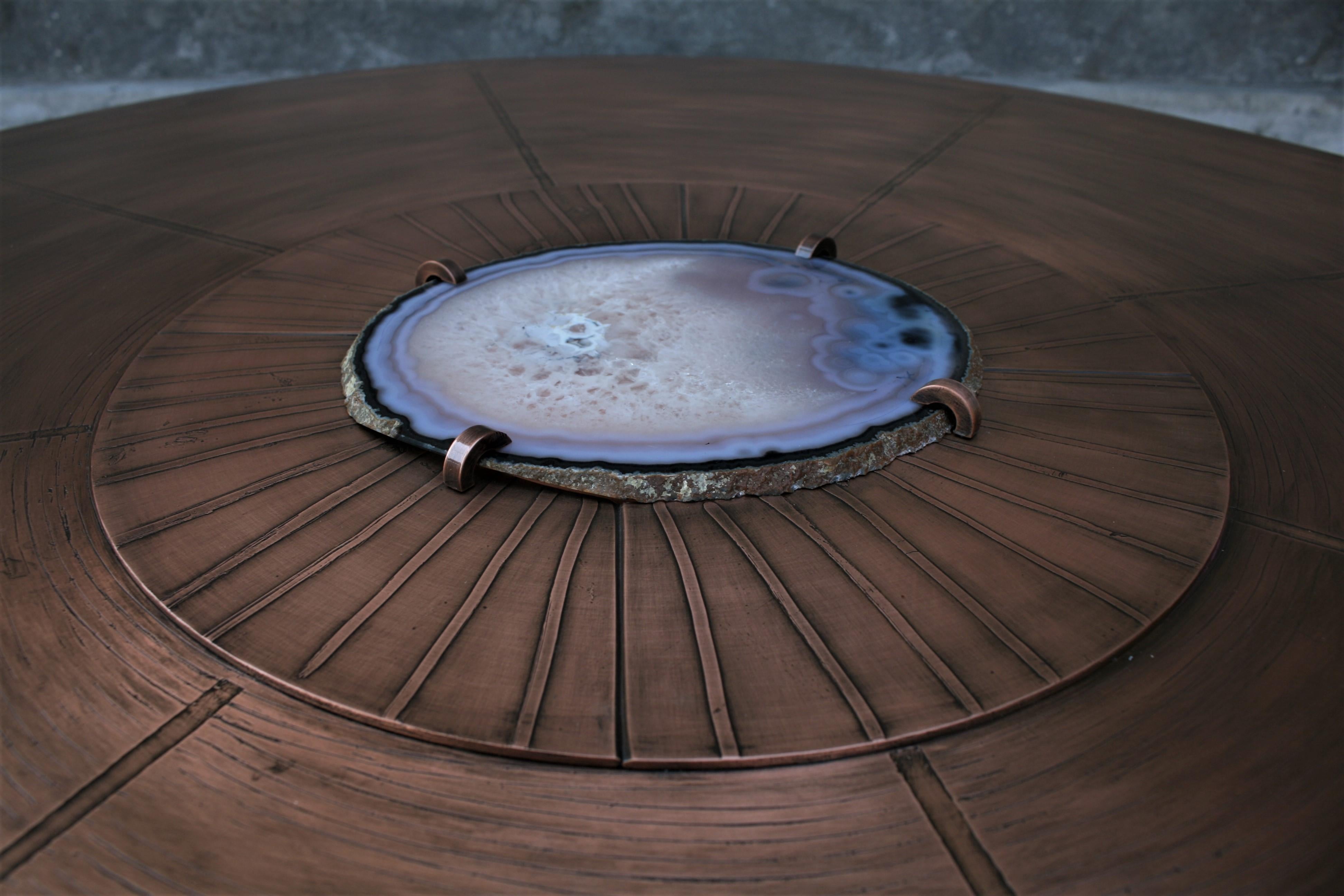 Mid-Century Modern Round Cocktail Table by Belgali Acid Etched Copper and Agate Slices For Sale