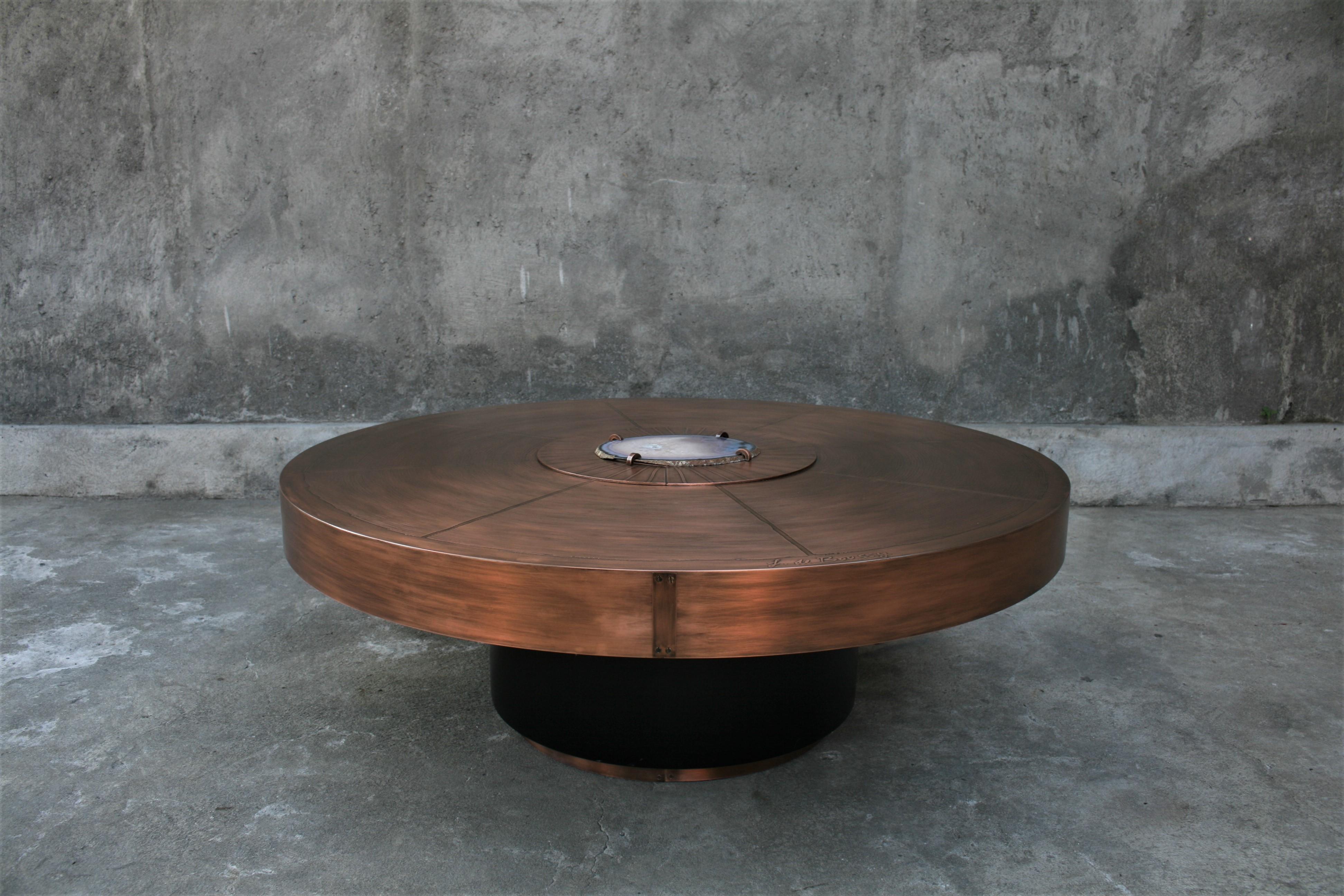 Contemporary Round Cocktail Table by Belgali Acid Etched Copper and Agate Slices For Sale