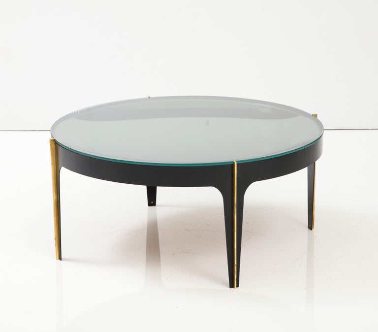 Round Cocktail Table in Black Enameled Metal, Brass and Green Grey